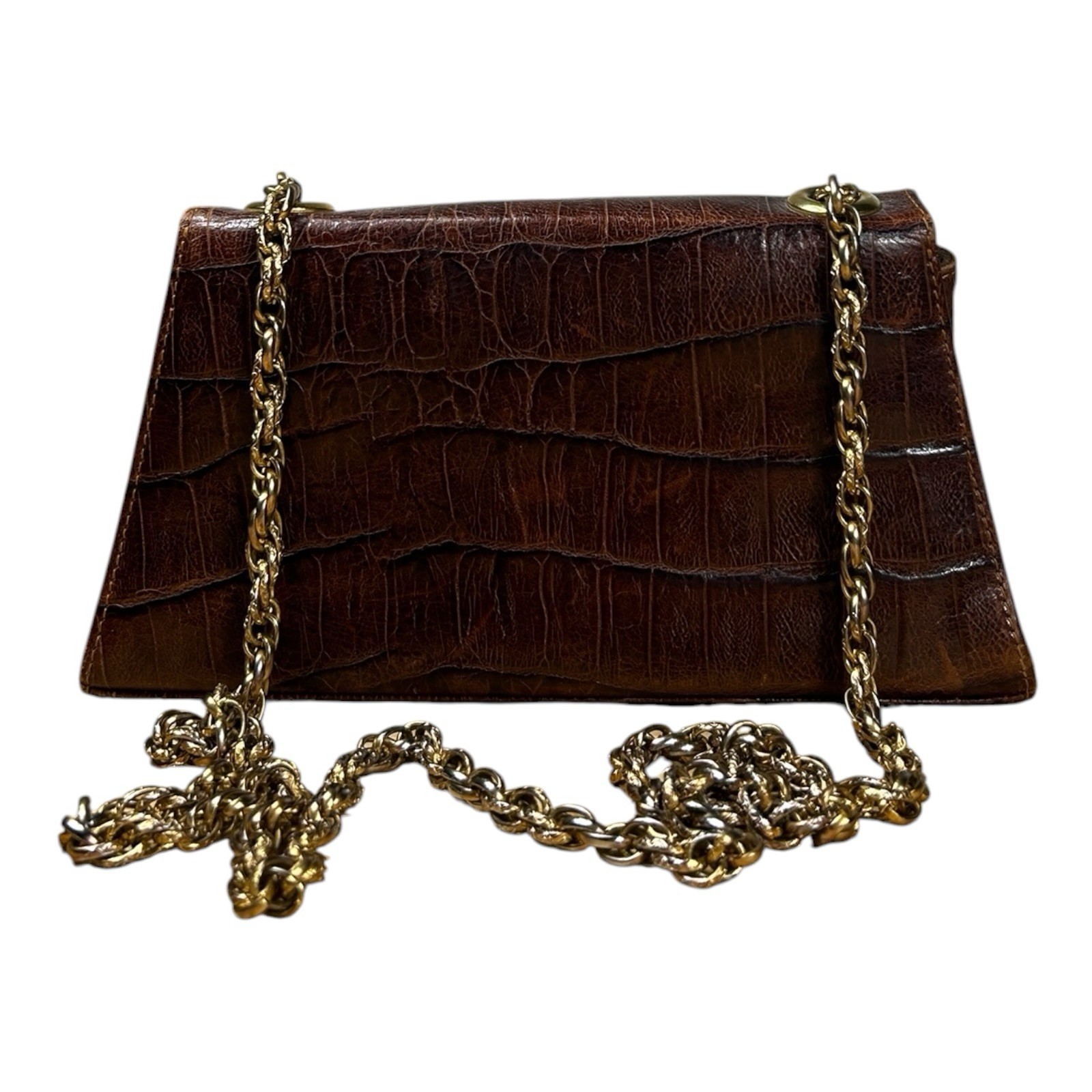 Esquire Vintage Brown Croc Embossed Leather Envelope Clutch Gold Chain Bag