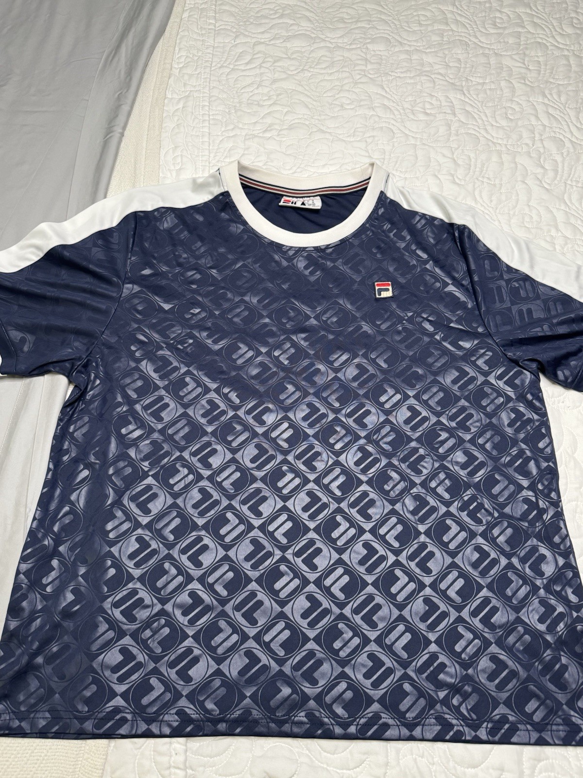 FILA Men’s Blue/White All-Over Logo Print Crew Neck Polyester T-Shirt XXL