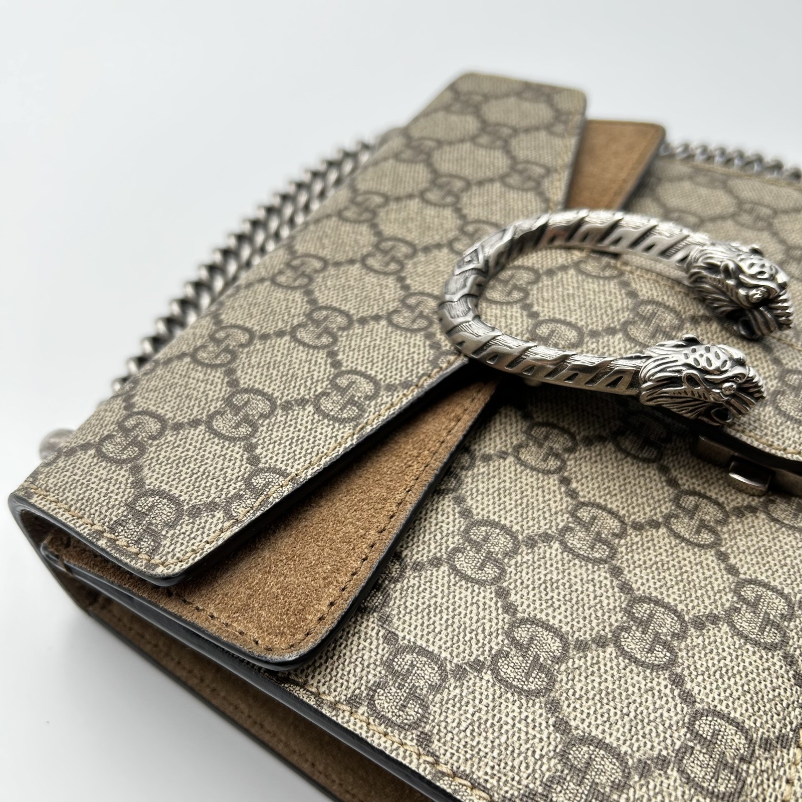 GUCCI Dionysus Mini GG Supreme Canvas Chain Crossbody Shoulder Bag Silver HW
