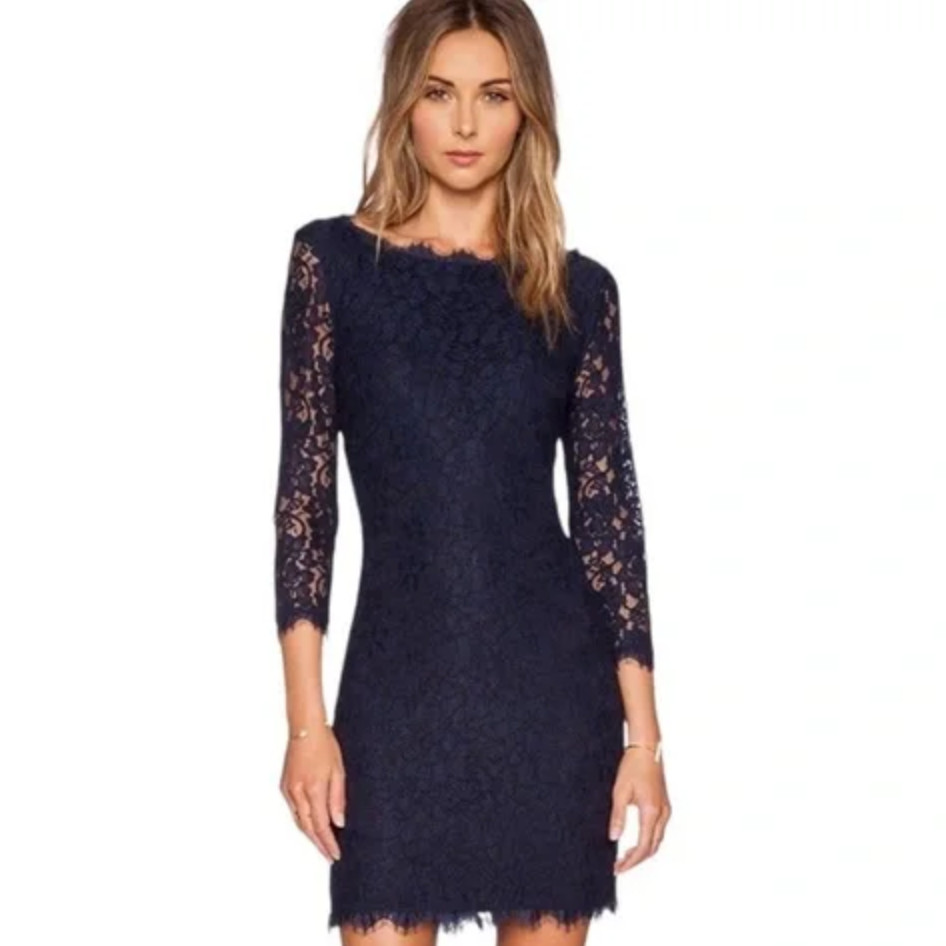 Diane Von Furstenburg Zarita Lace Mini Dress Navy Blue Women’s Size 2