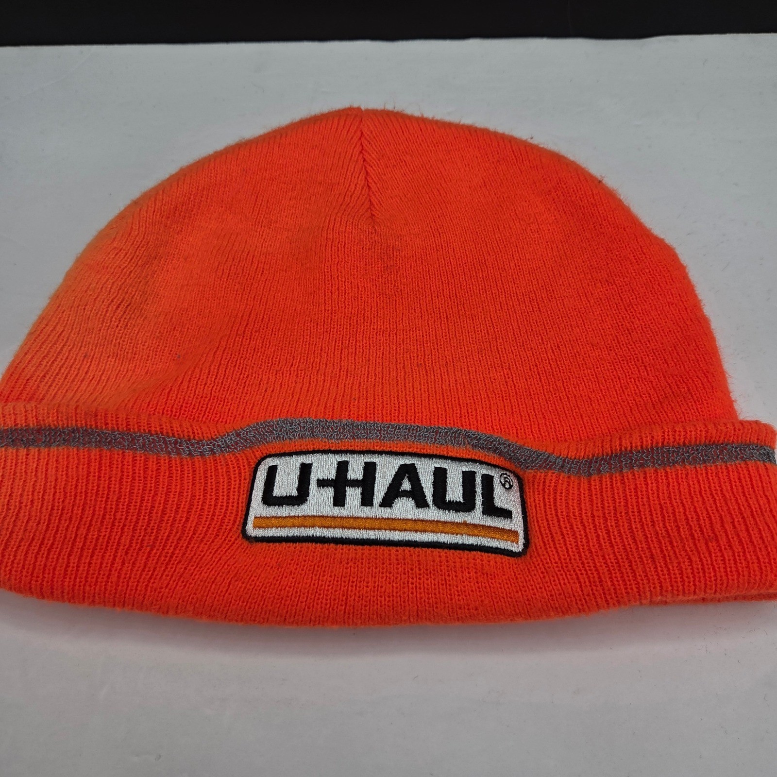 U-Haul Beanie Hat Reflective Stripe Patch Logo OS Orange Knit Winter Workwear