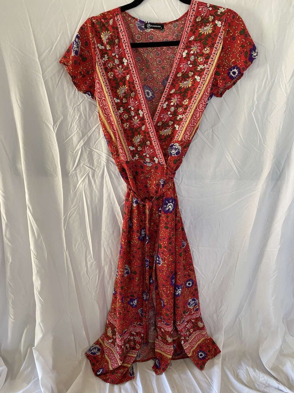 Pretty Garden Boho Red with Floral V-Neck Maxi Wrap Dress Size S
