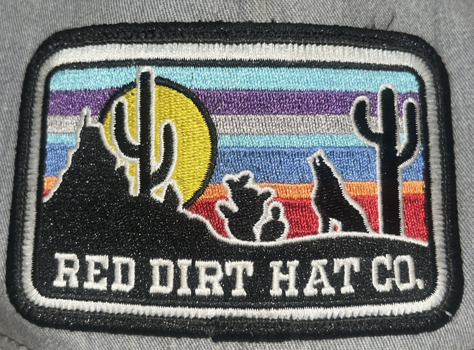 Red Dirt Hat Co Coyote Sunset Patch Snap-Back Trucker Hat Gray Black Mesh