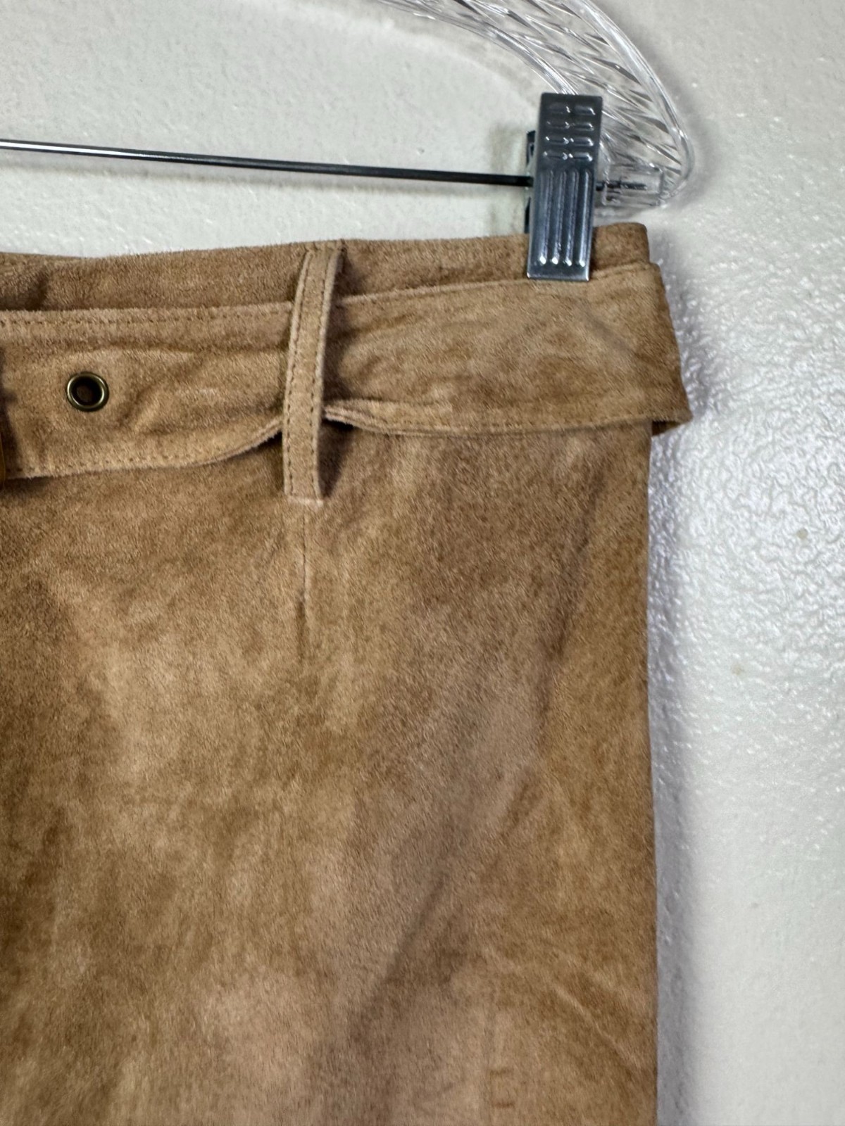 Newport News Women Tan Suede Leather Midi Maxi Skirt Waist Size 14 Belted Buckle
