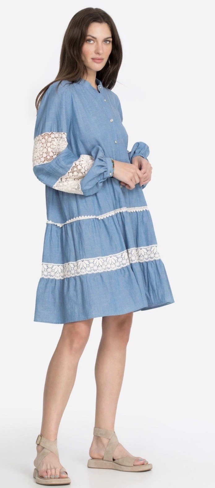 Johnny Was Jade Laguna Pieced Above Knee Cotton Linen Lace Boho Tiered Dress L
