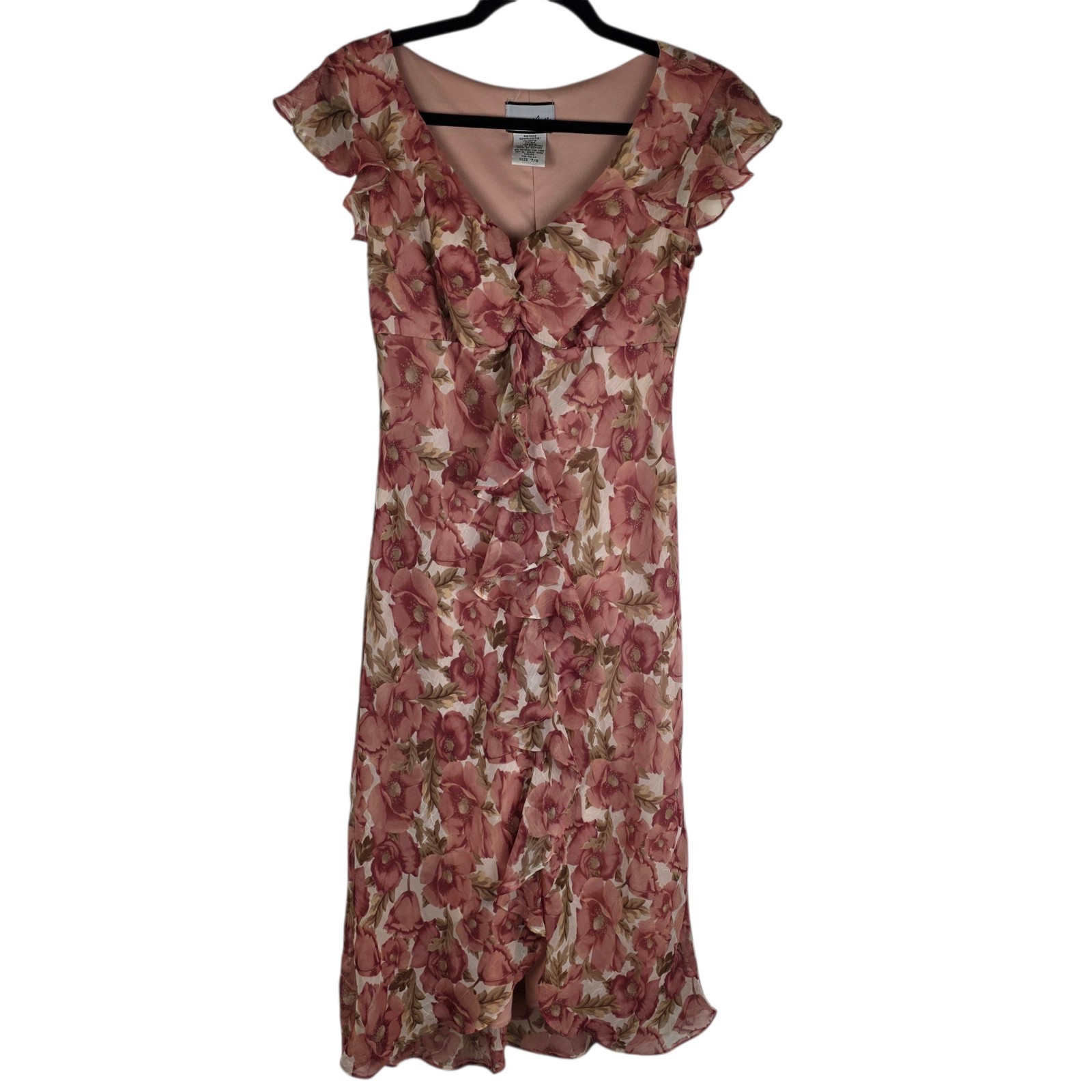 Y2K Breakin Loose Floral Chiffon Dress 7/8 Pink Ruffle Fairycore Midi Coquette