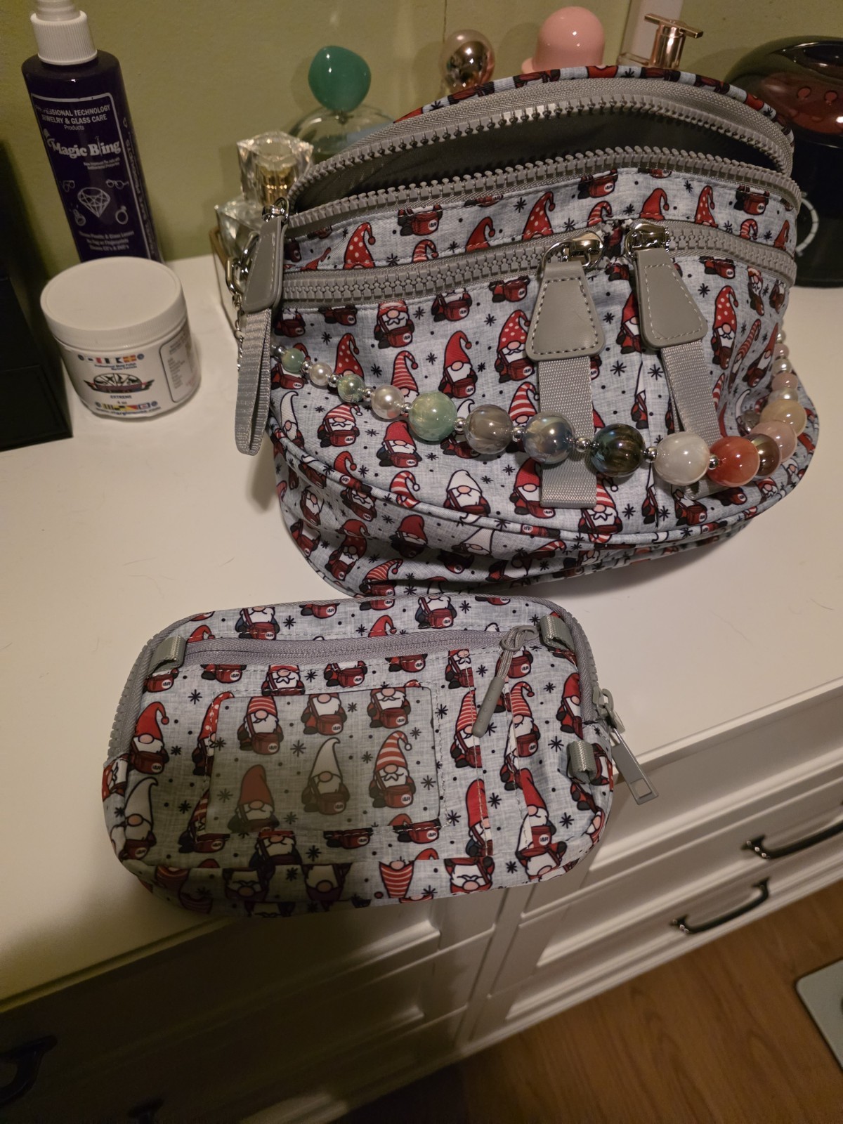 Gnome Print Christmas Holiday Crossbody Bag Zip Closure Inner Pockets Coin Purse