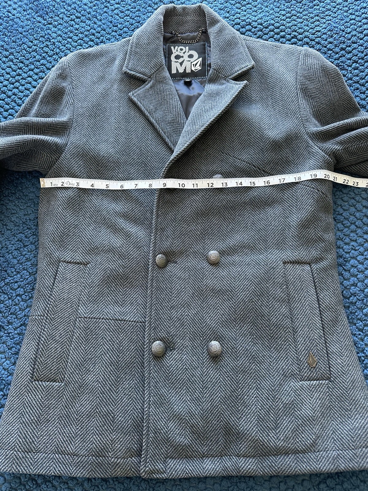 Volcom Men’s Gray Herringbone Pea Coat Double Breasted Glasgow Mid-Length M Wool