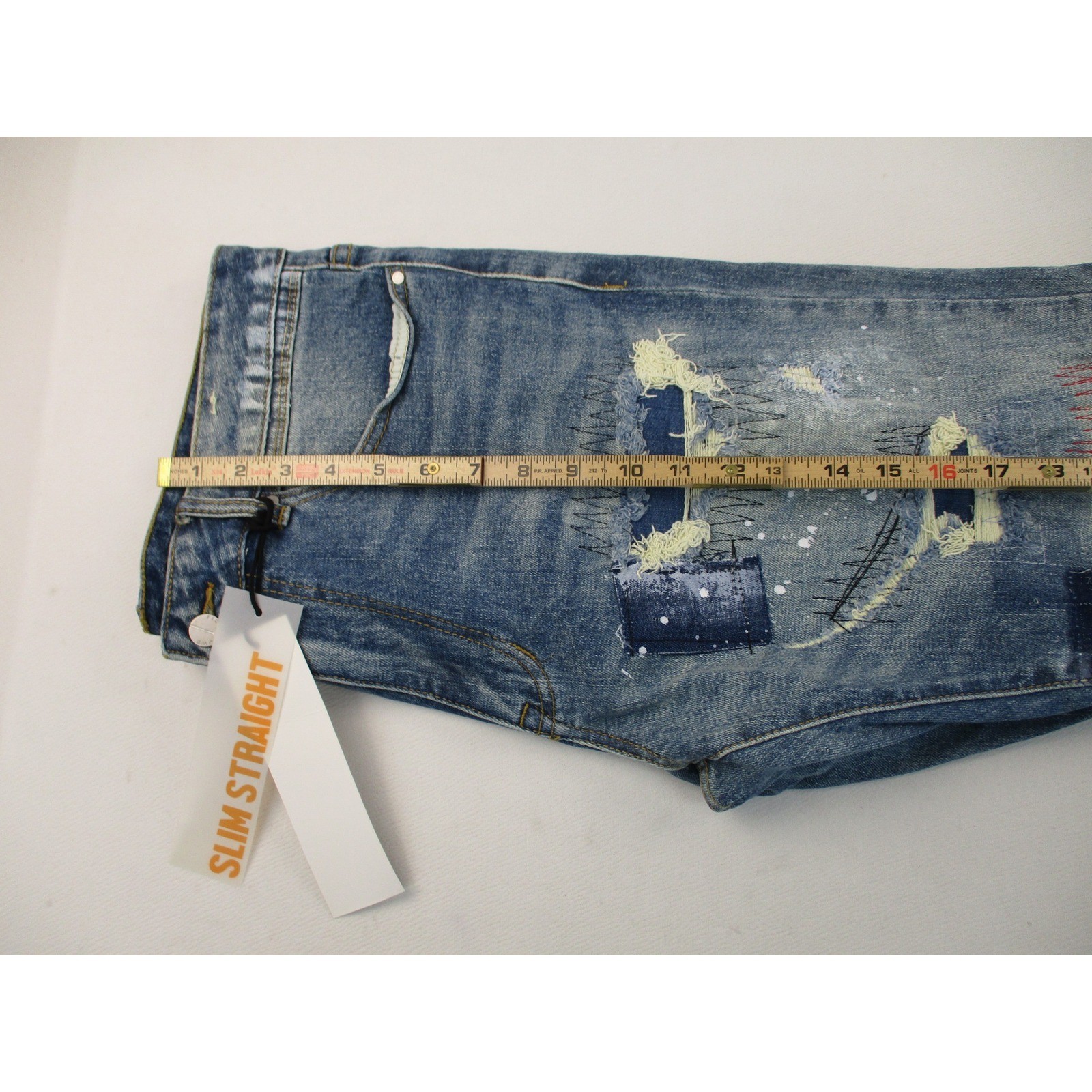 First Row Jeans Mens 36 Blue Slim Straight Distressed Patchwork Camo Utility