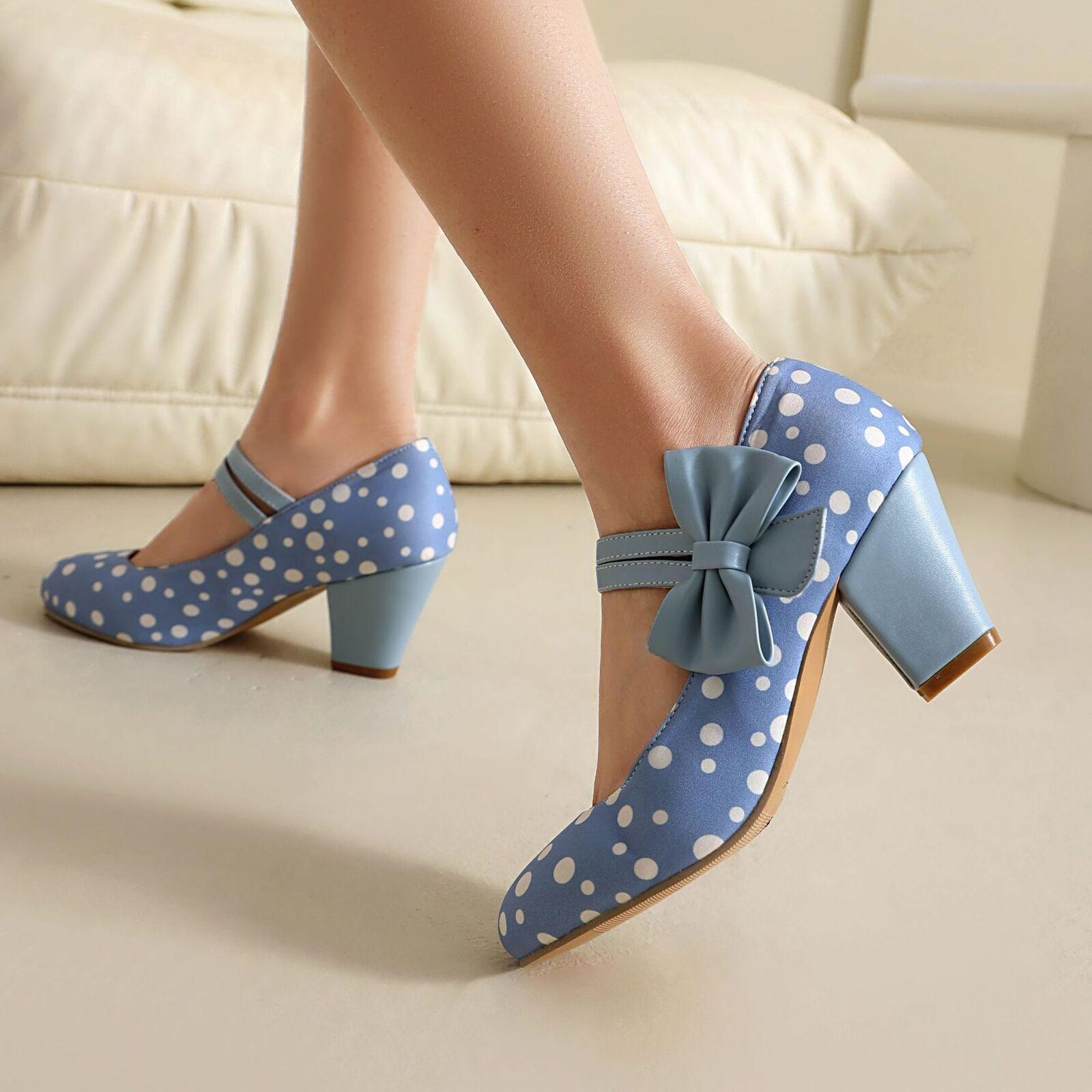Women’s Bowknot Polka Dot Mary Jane Sweet Dress Party Casual High Heels OL Shoes