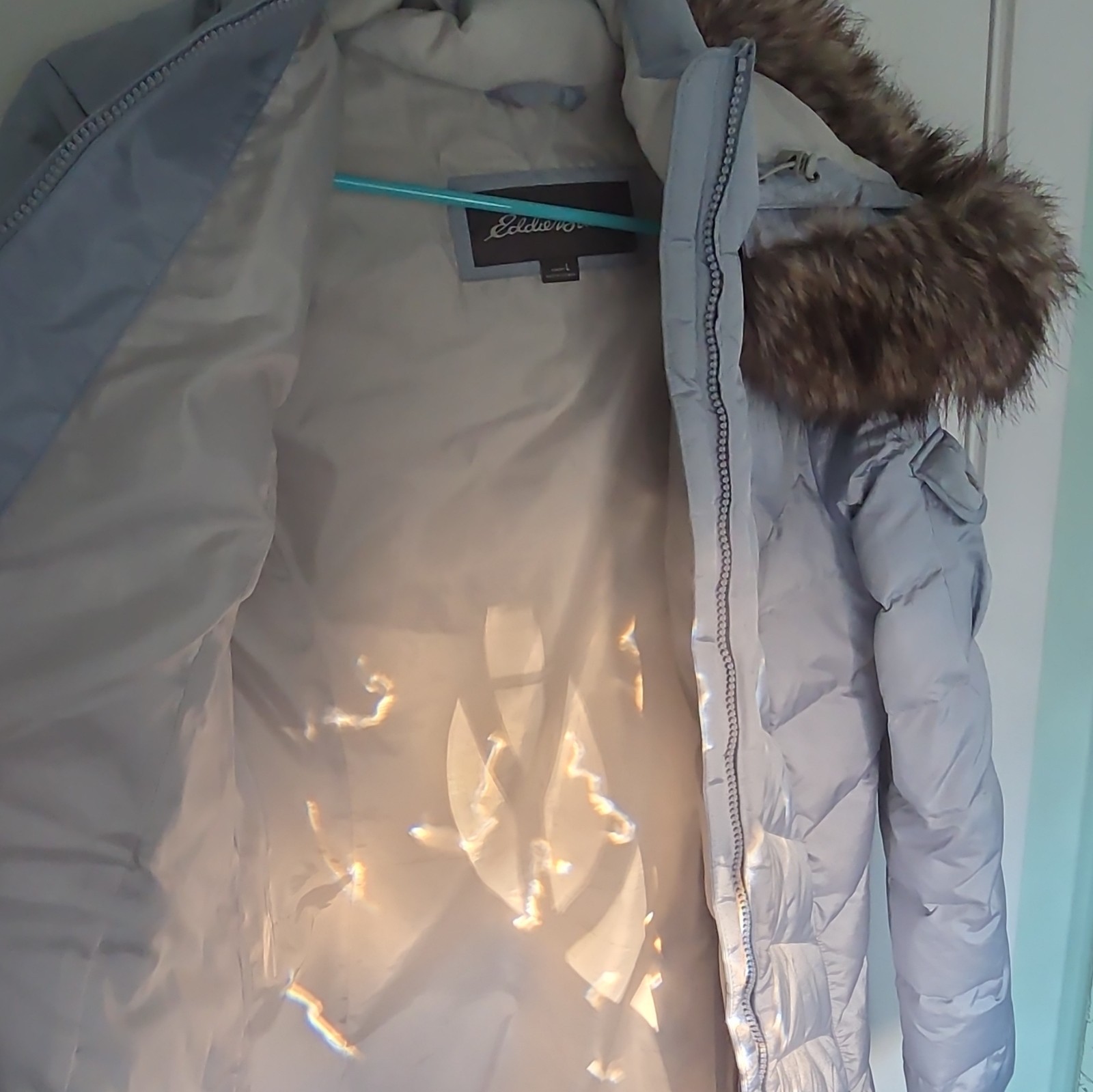 Womens Eddie Bauer Down Insulated Hooded Zip Puffer Coat Gray L