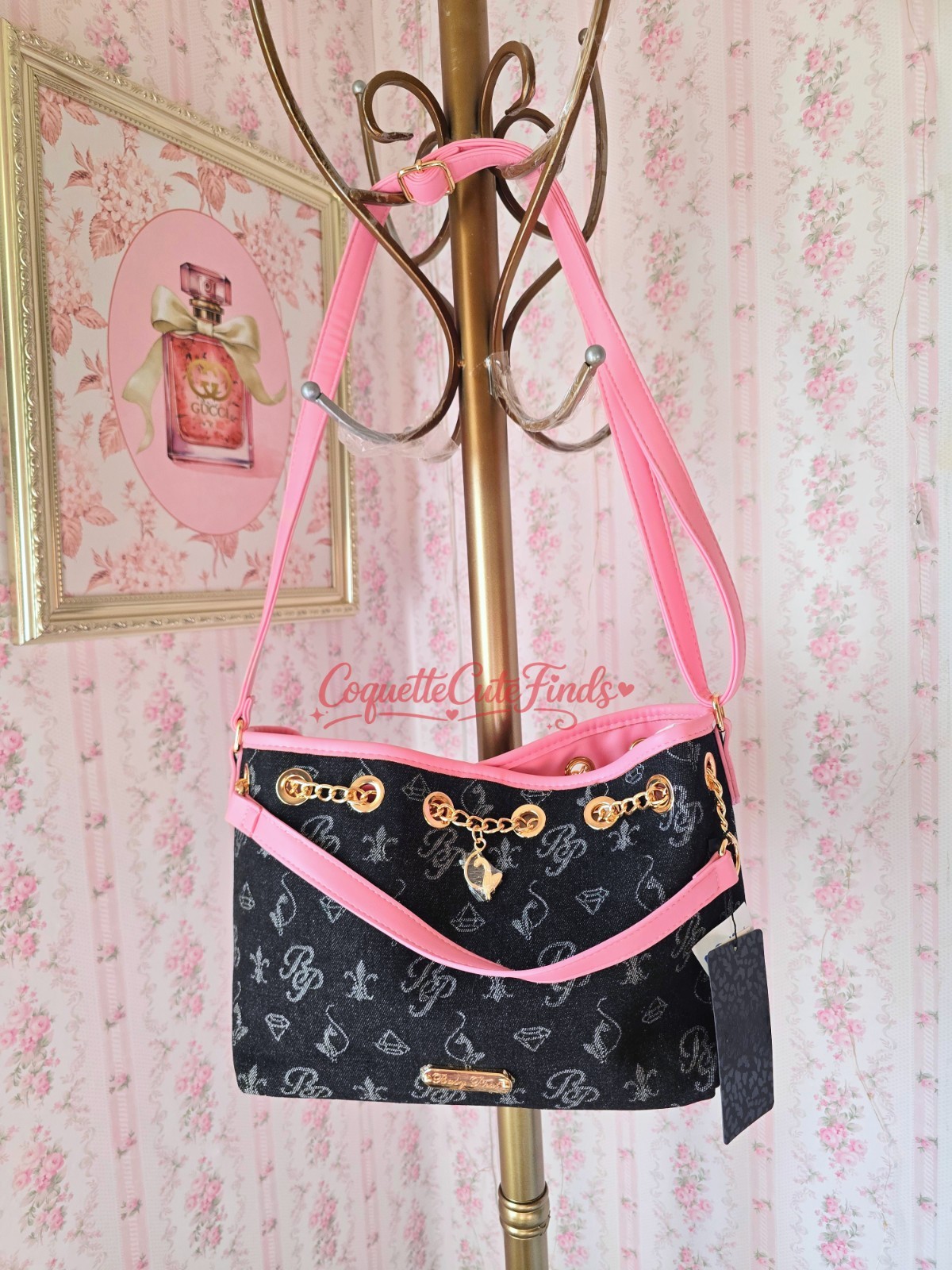 Baby Phat Black Pink Logo Shoulder Bag, Detachable Strap, Gold Charm, Magnetic