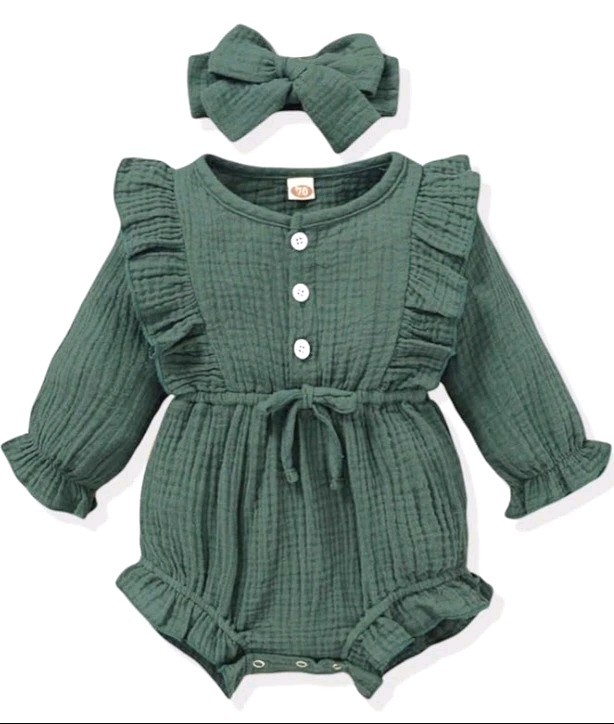 Renotemy 0-3 Months Infant Baby Girl Rompers Cotton Ribbed Solid Jumpsuits & Bow