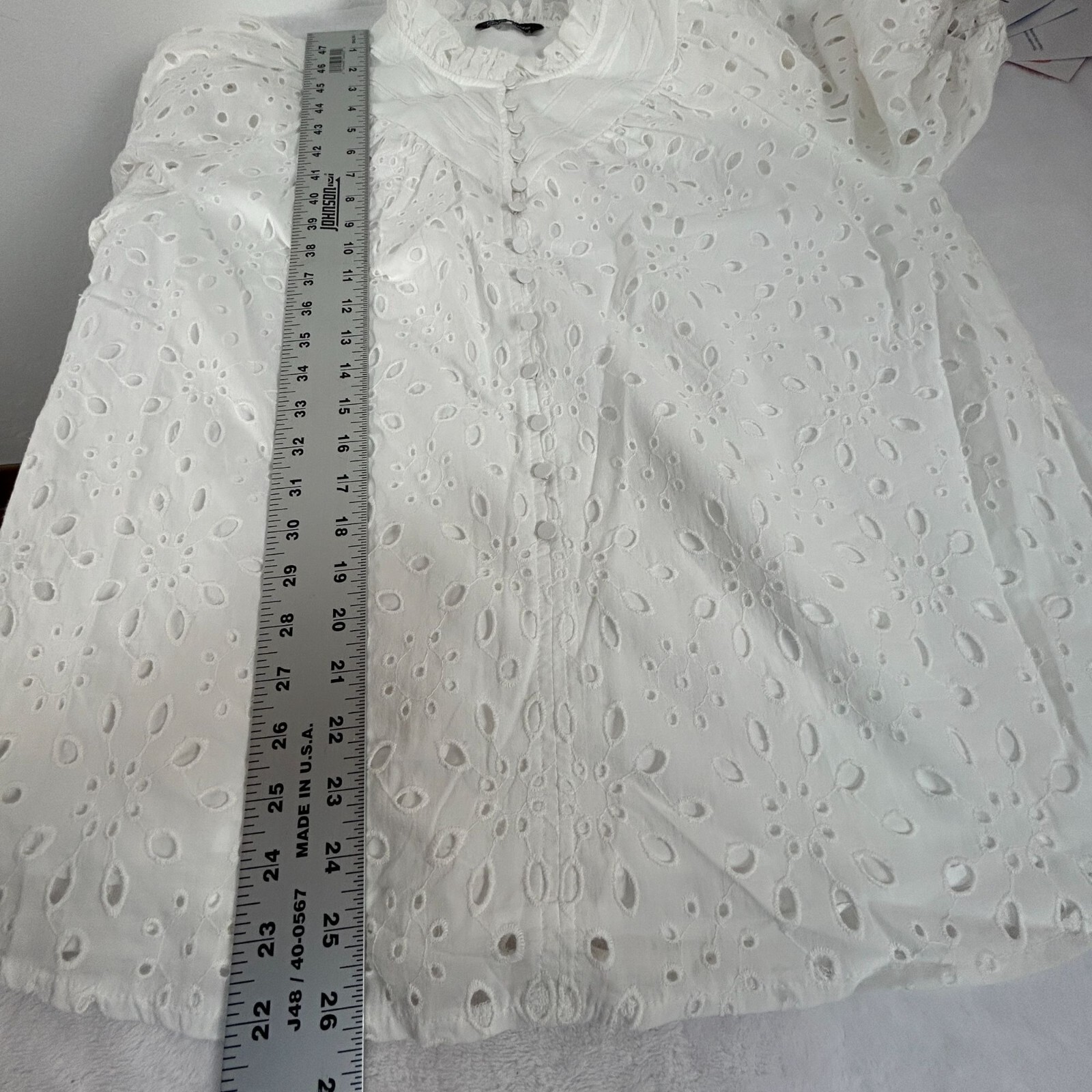 PrettyGarden Eyelet Lace Blouse Top Ruffle Collar Puff Sleeve Womens Large White