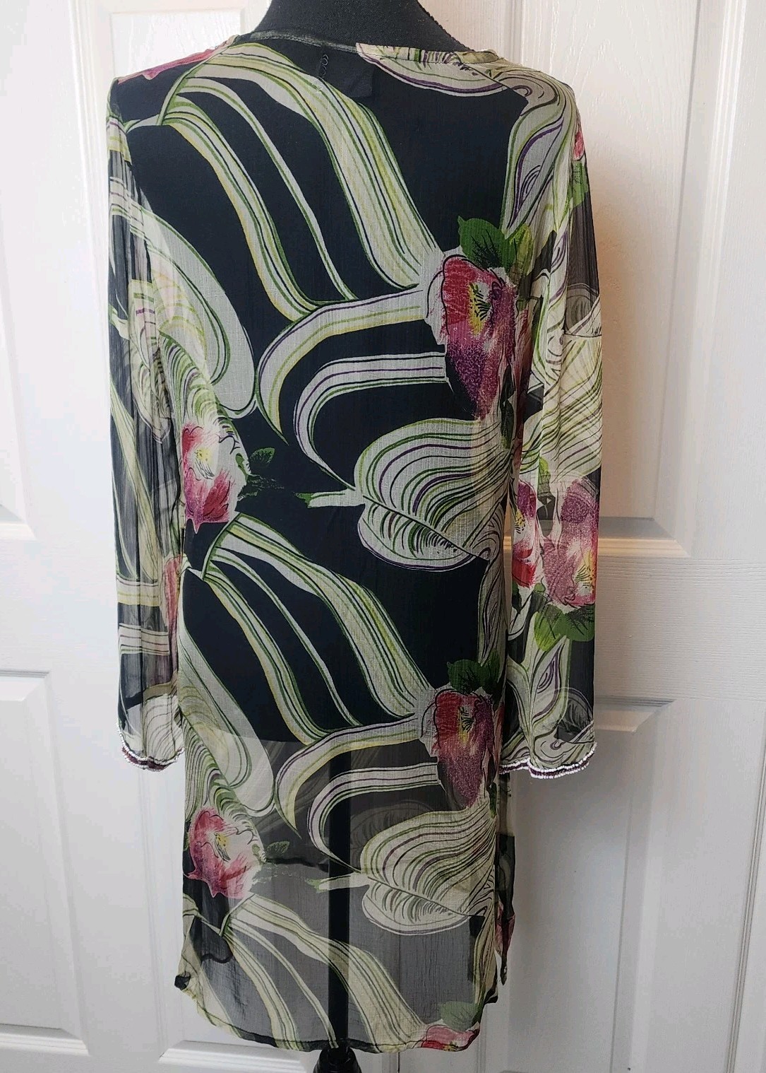 S Embellished Sequin Sheer Cover Up Dress Top Black Floral Resort Cruise Beach