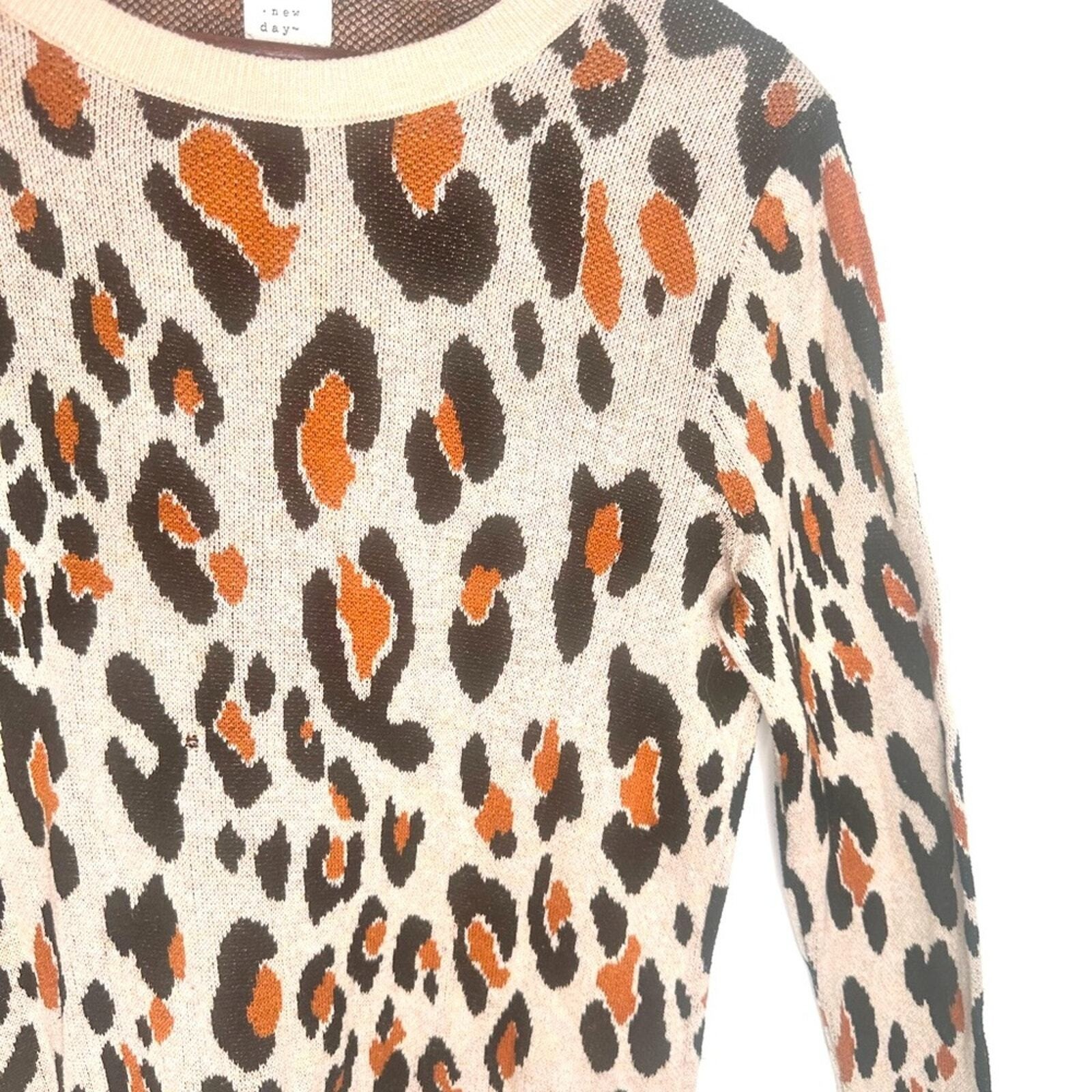 A New Day Womens Leopard Print Crewneck Sweater Tan Black Orange Animal Print M