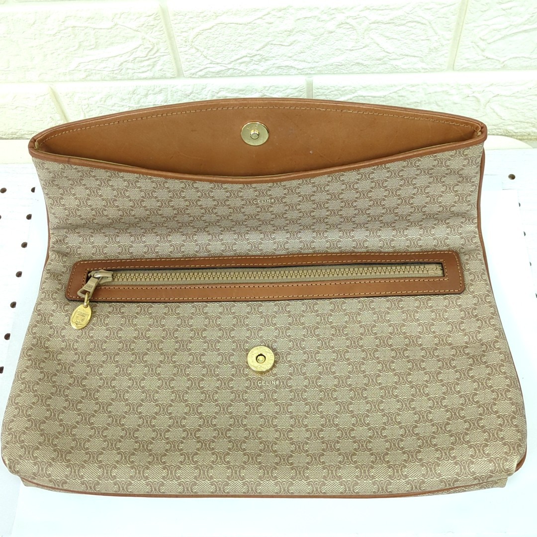 Authentic CELINE Macadam Clutch Bag PVC Leather Brown Vintage Macadam Handbag