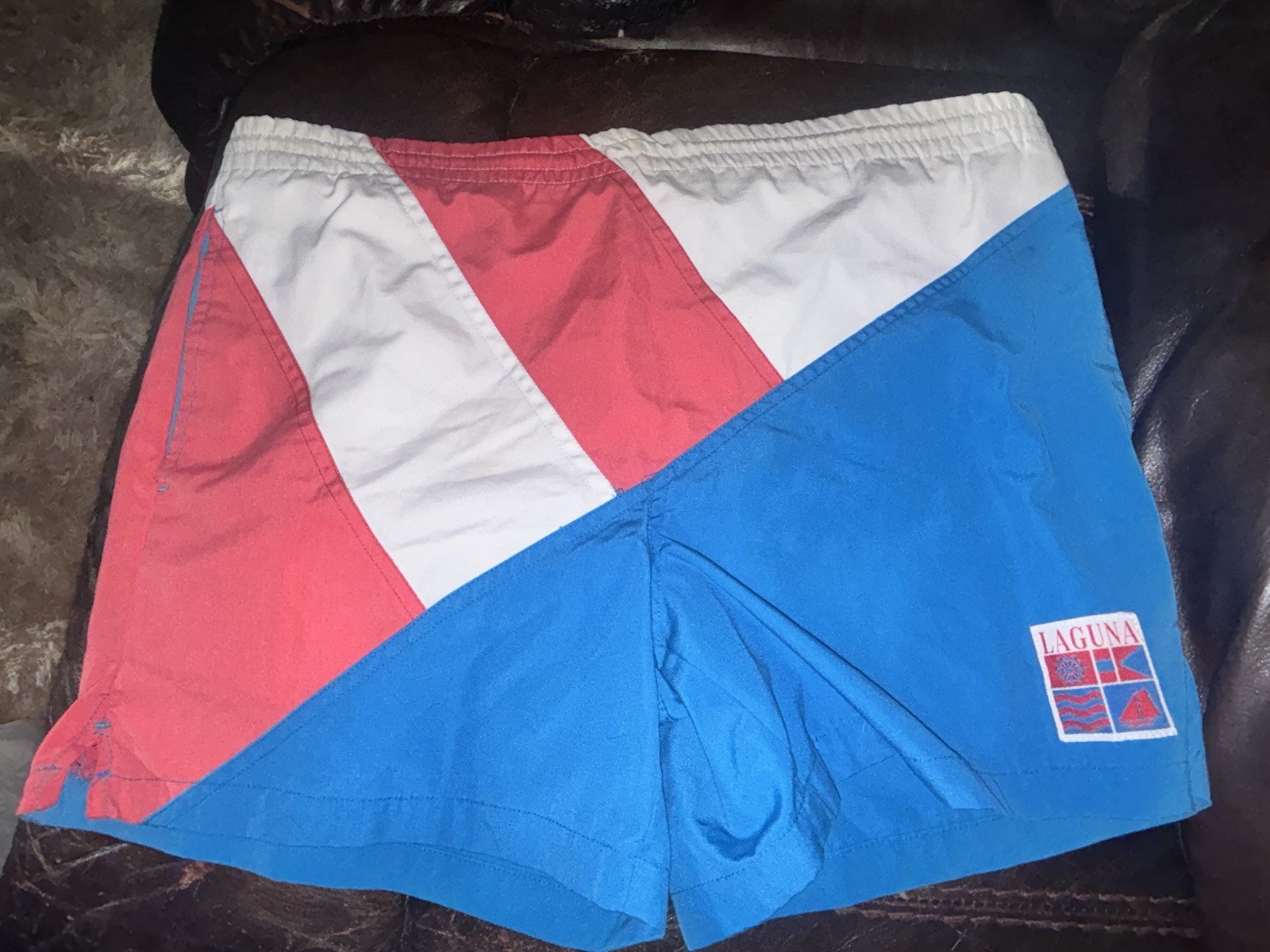 Laguna Men’s Colorblock Swim Trunks M Blue Red White Elastic Waist Drawstring