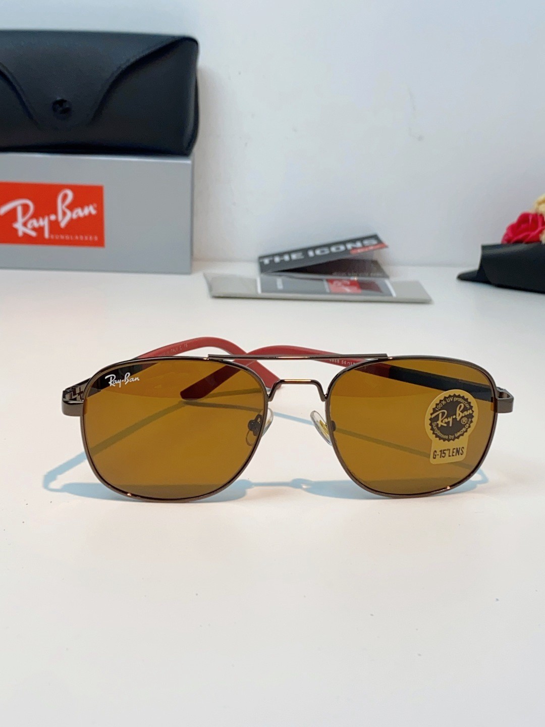 Ray-Ban RB3669 Gunmetal Square Sunglasses 57-20-145 G15 Amber Brown Lens