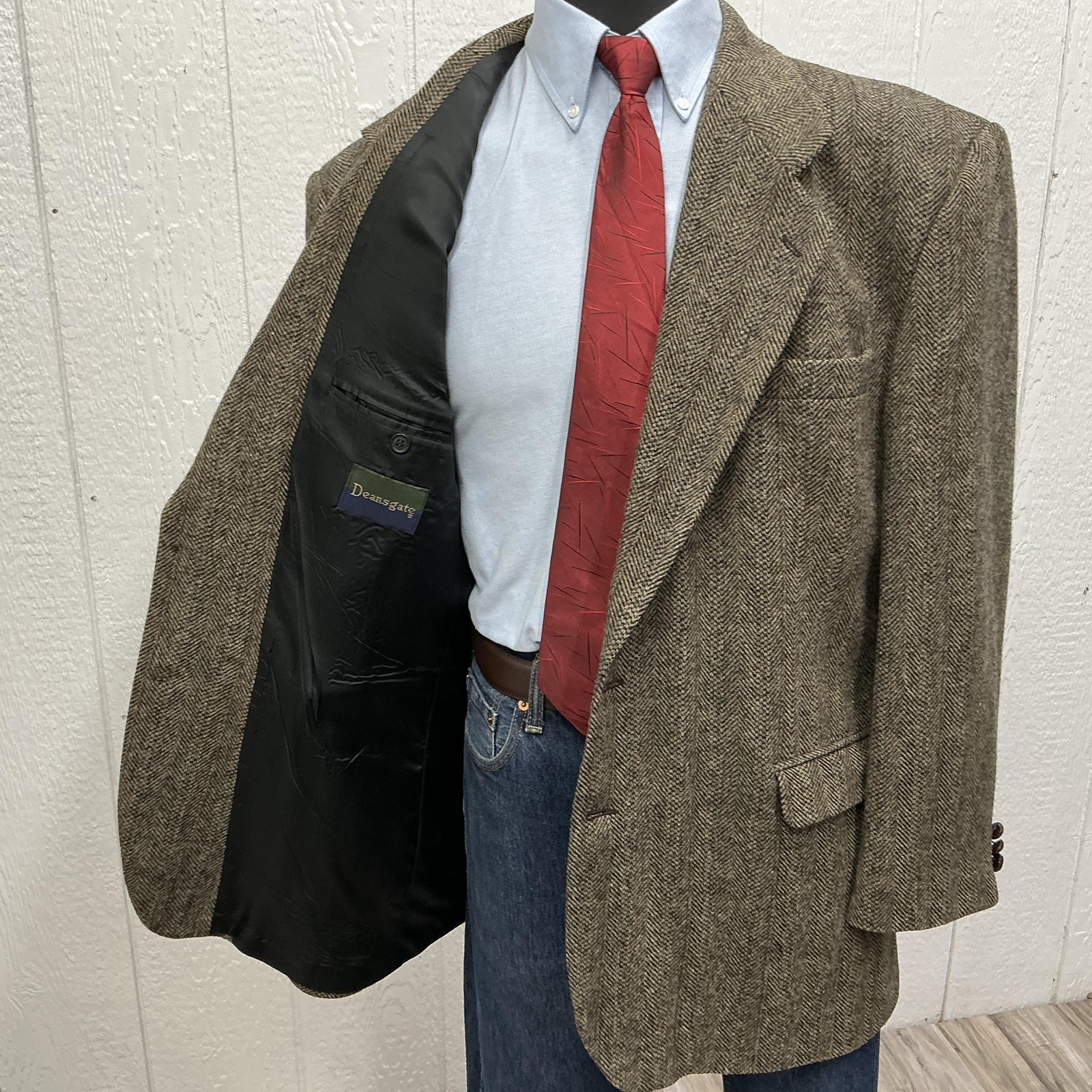 Deansgate Blazer Mens 48L Brown Herringbone Tweed Wool Sport Coat jacket Leather