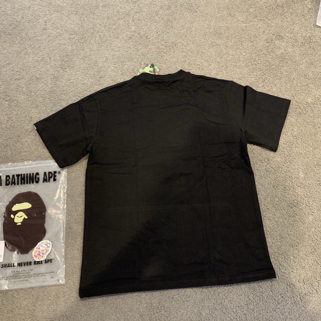 BAPE black tee with blue and pink ape head