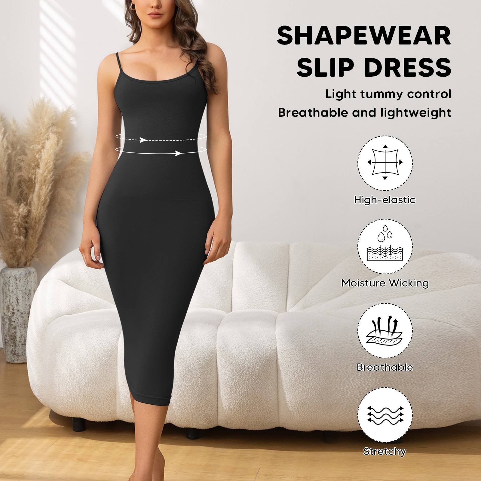 Women’s Tummy Control Midi Dress – Slimming Bodycon Sleeveless Shapewear Evening