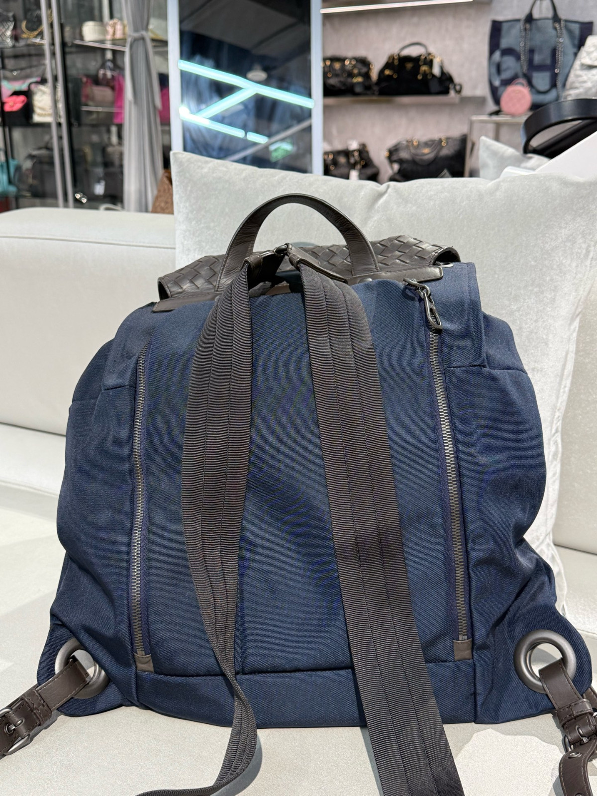 Authentic Bottega Veneta Intrecciato Leather and Nylon Backpack Intrecciato