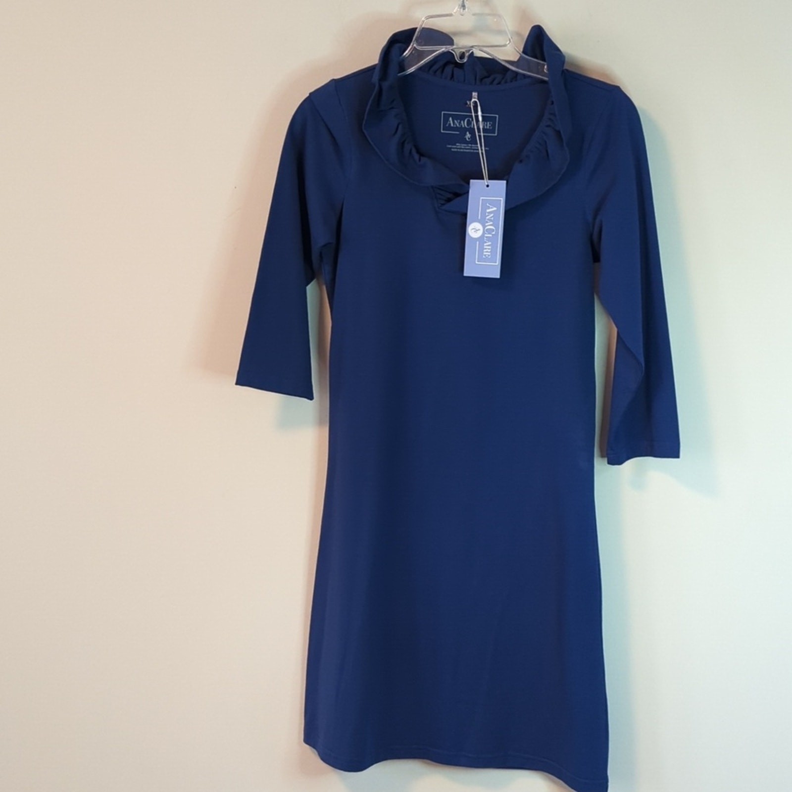 NWT Ana Clare Sophia Ruffle Neck Dress Navy XS