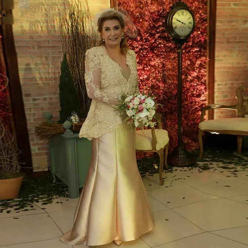 Elegant Mother Of The Bride Groom Dresses Long Sleeves Formal Party Gowns V-Neck