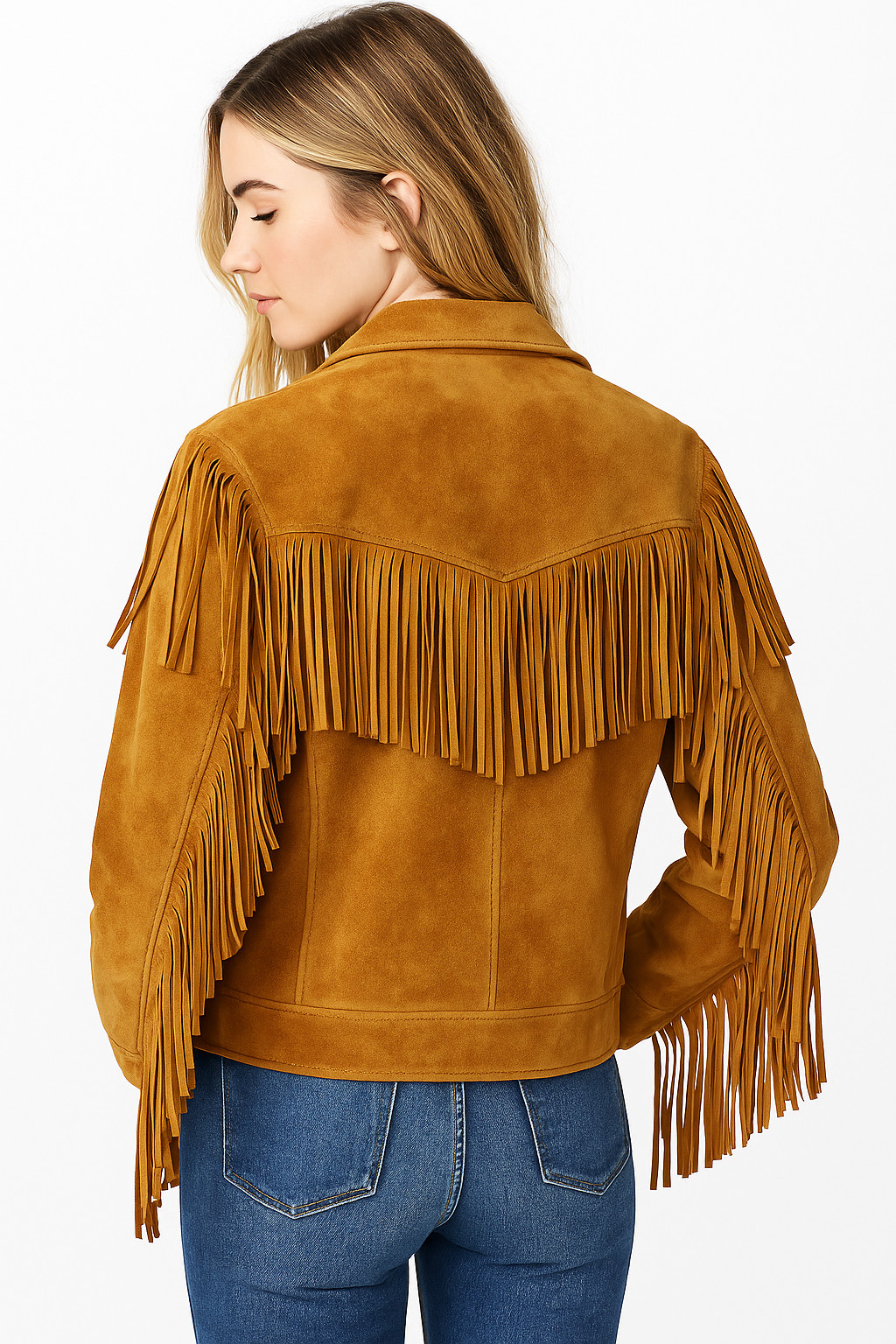 Western Suede Leather Fringe Jacket, American Style, V-Neck, Front Pockets, Tan