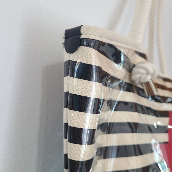 NWOT Agnes B. Striped Beige Black Canvas Vinyl Beach Tote Bag