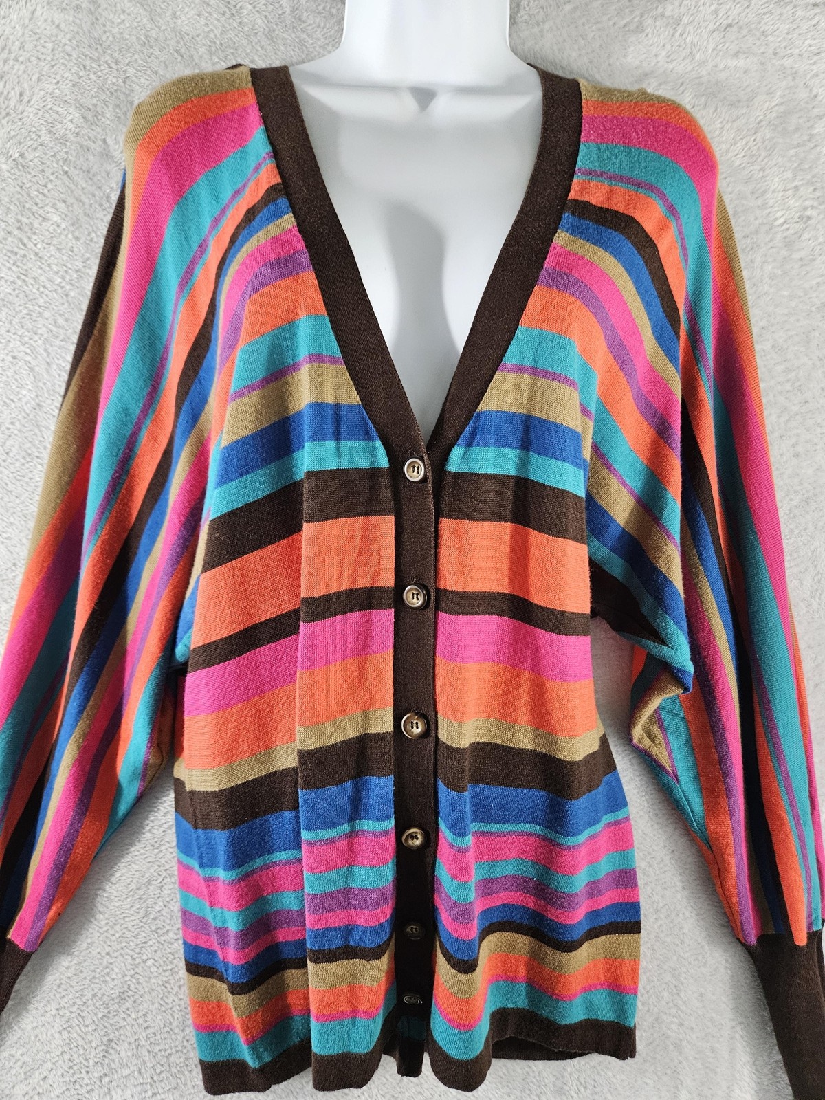 Trina Turk Sweater Med Womens Striped Button Cardigan Retro Batwing Art Viscose
