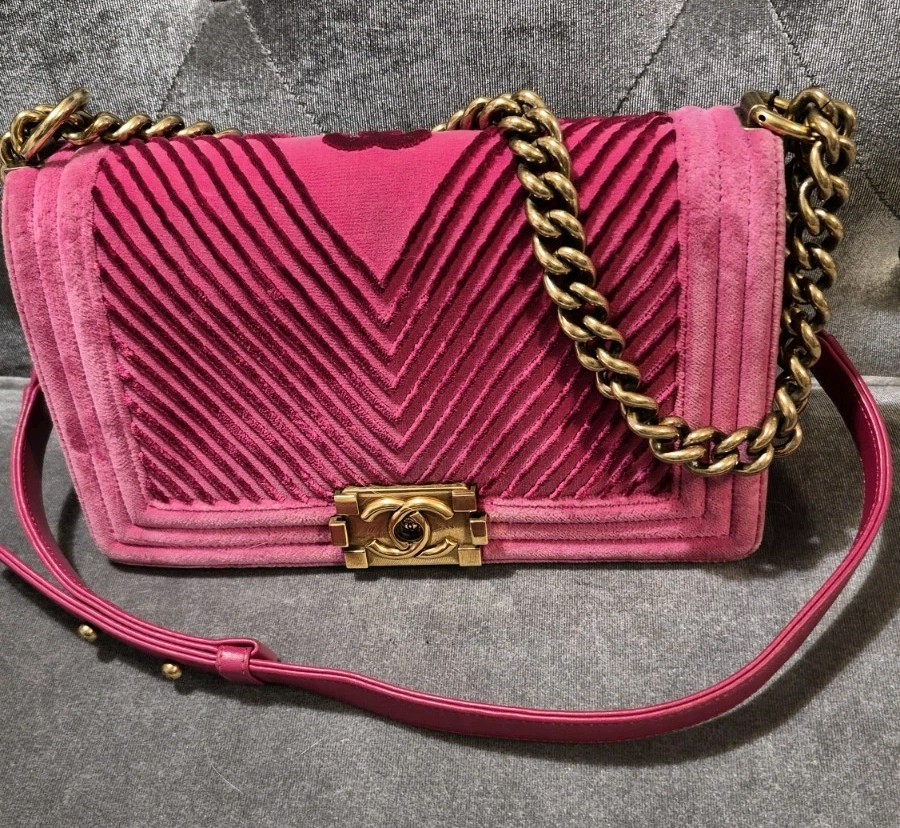 CHANEL Paris-Cosmopolite Chevron Pink Velvet Boy Bag Purse Gold Chain Strap, COA