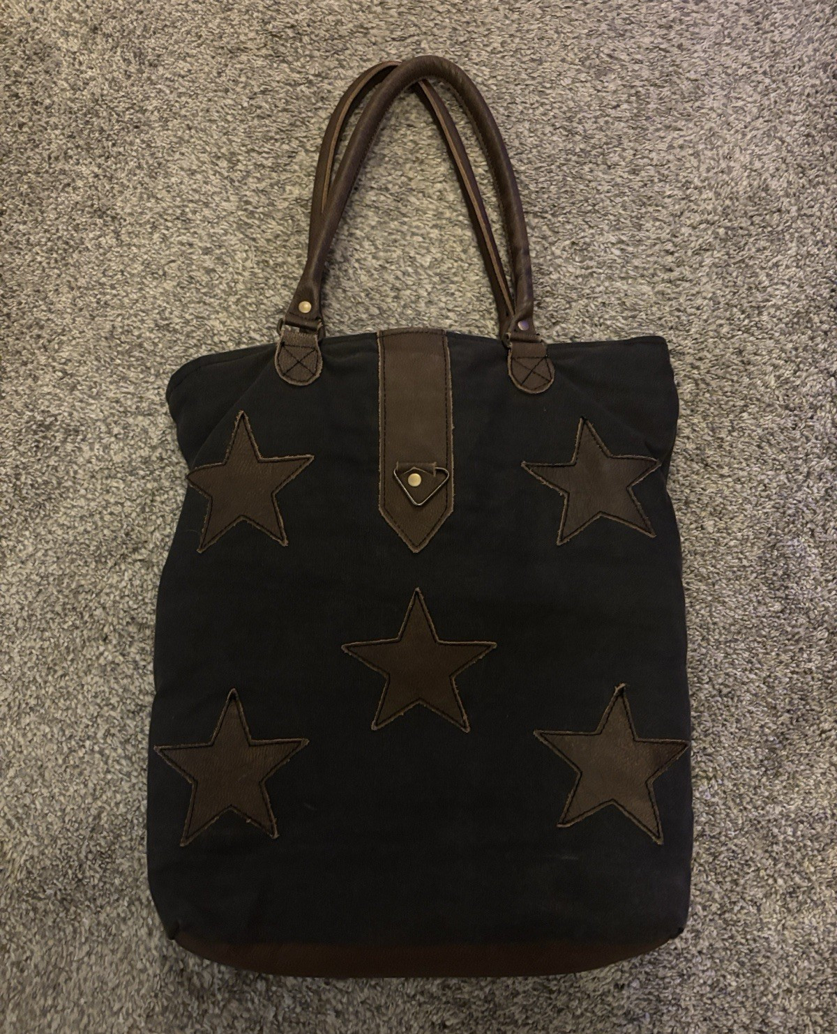 Black Women’s Tote Bag Zip Top Star Applique Brown Leather Double Handles