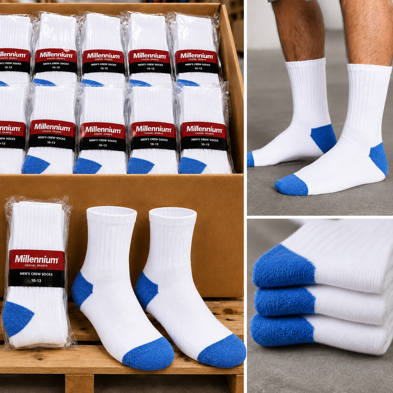 Wholesale Bulk Lots Men’s White/Blue Sports Casual Cotton Crew Socks 9-11 10-13