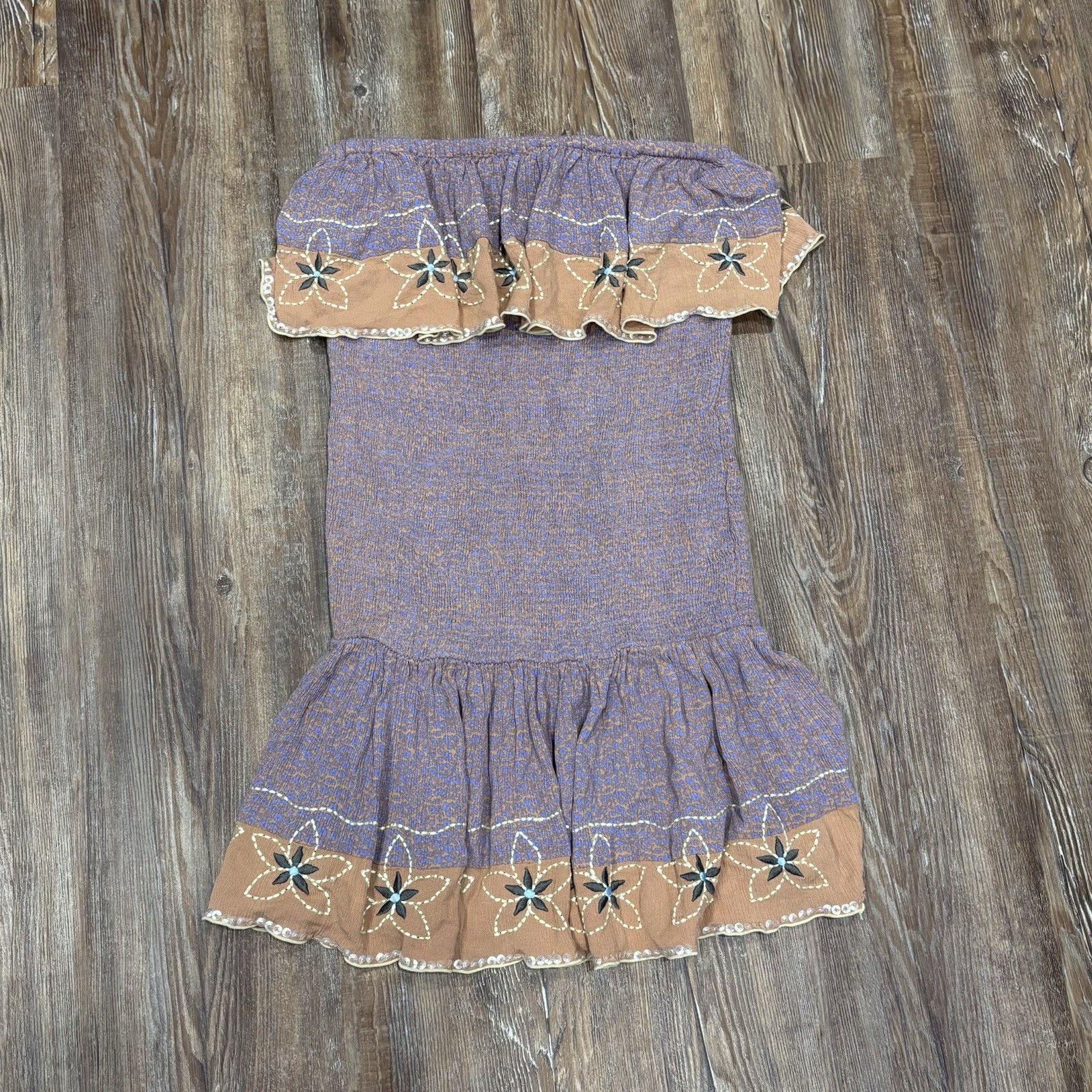 Free People Bali Chasing Dreams Smocked Drop waist Embellished Mini Slip Dress S