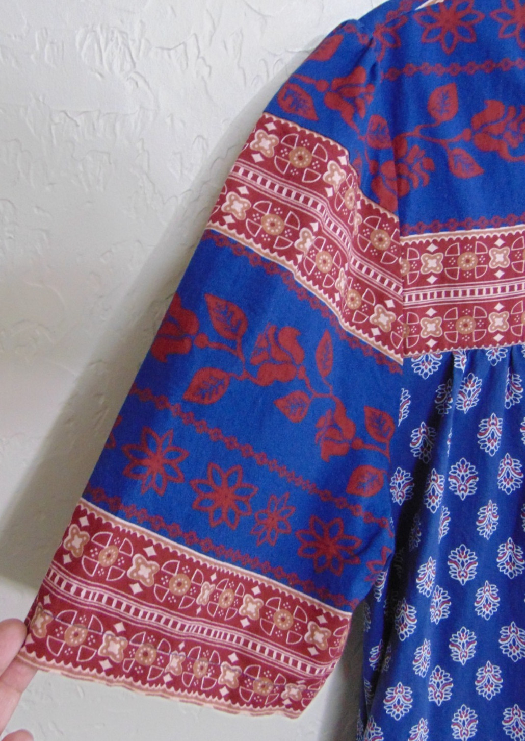 Vermont Country Store Cotton Batik Midi Dress Muumuu 1X Blue Red Tan Pockets