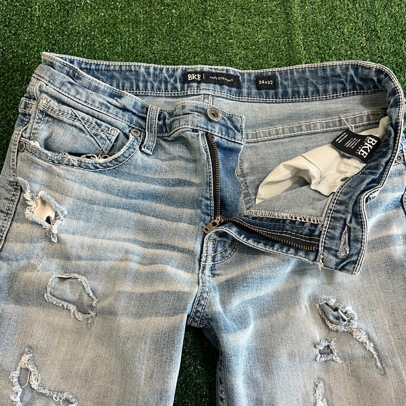 BKE Jake Straight Leg Distressed Stretch Mens 32×31″ Jeans Blue Ripped Slim