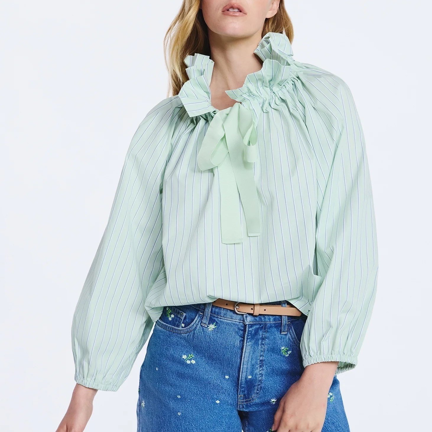NWT Free Assembly Ruffle Neck Tie Front Blouse XXL 20 Mint Green Pinstripe
