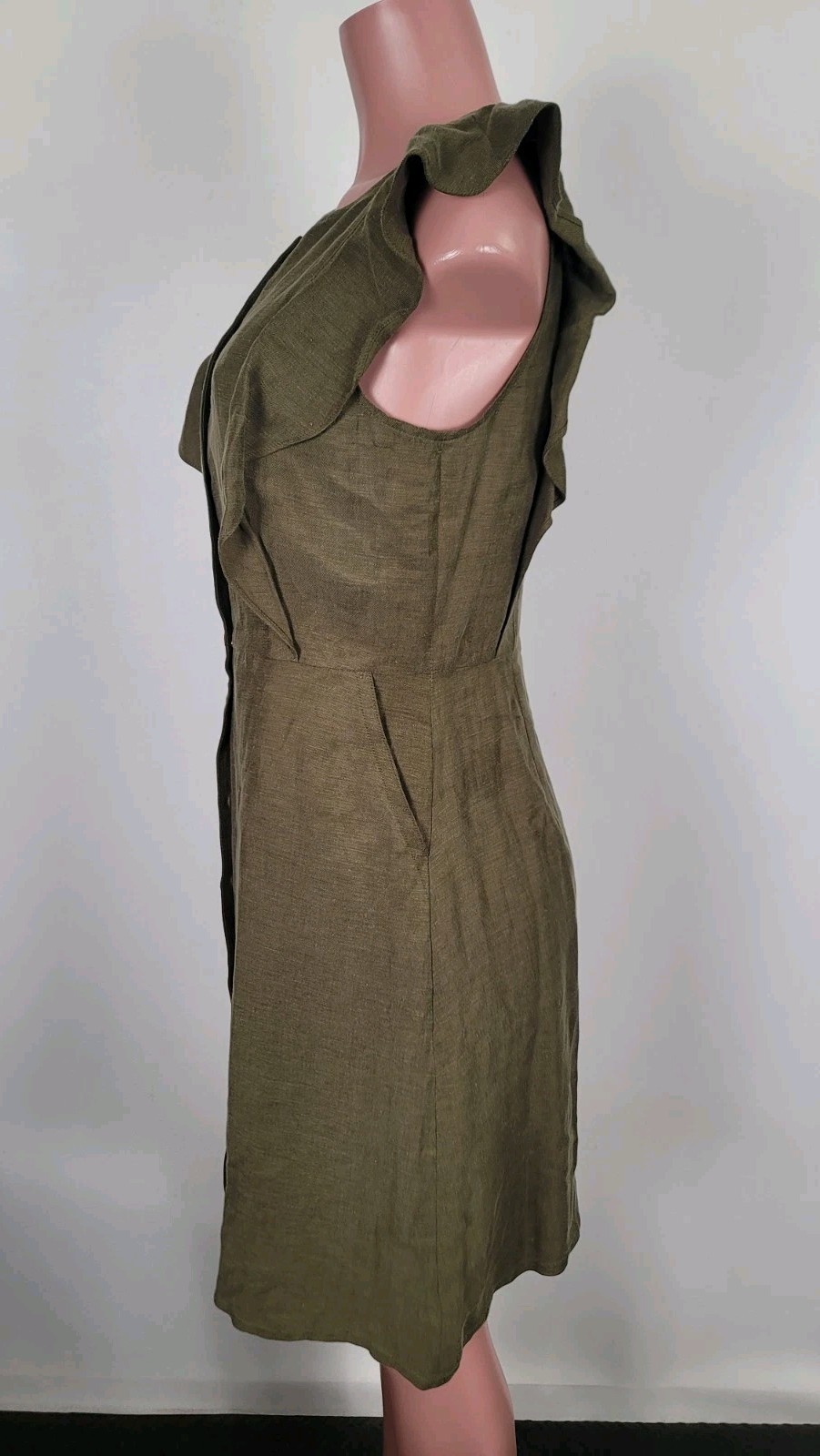 J. Crew Ruffle Sleeve Linen Cupro Blend Dress Olive Button Front Dress Size 6