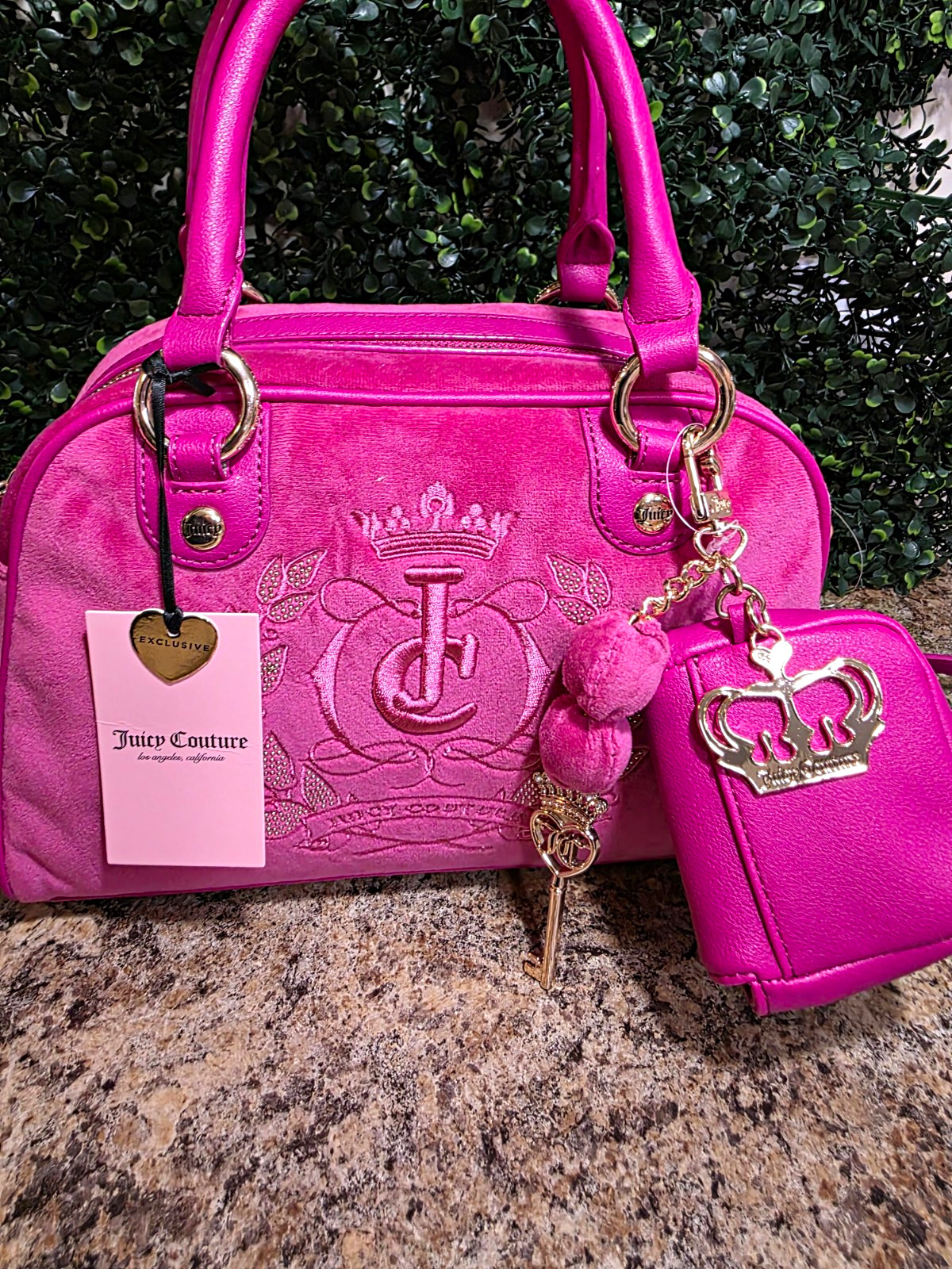 Juicy Couture Pink Logo Satchel Top Handle Zip Rhinestone Charm Gold Hardware