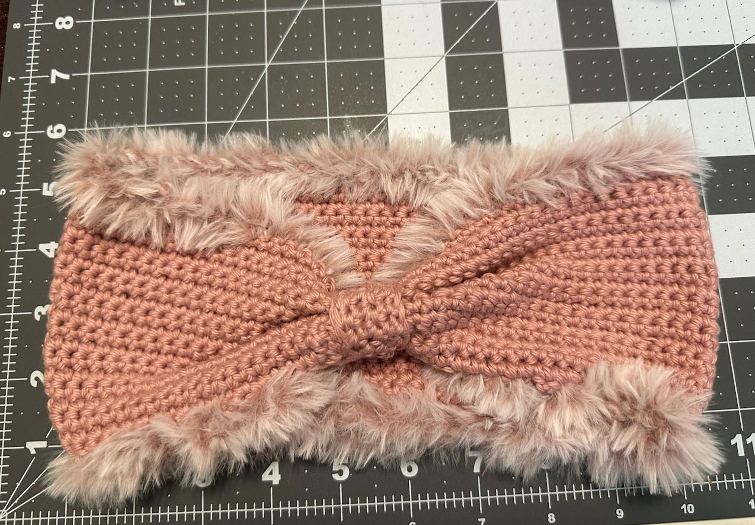 Handmade Rose Pink Bow Crochet Headband/ Ear warmer With Pink fur Trim