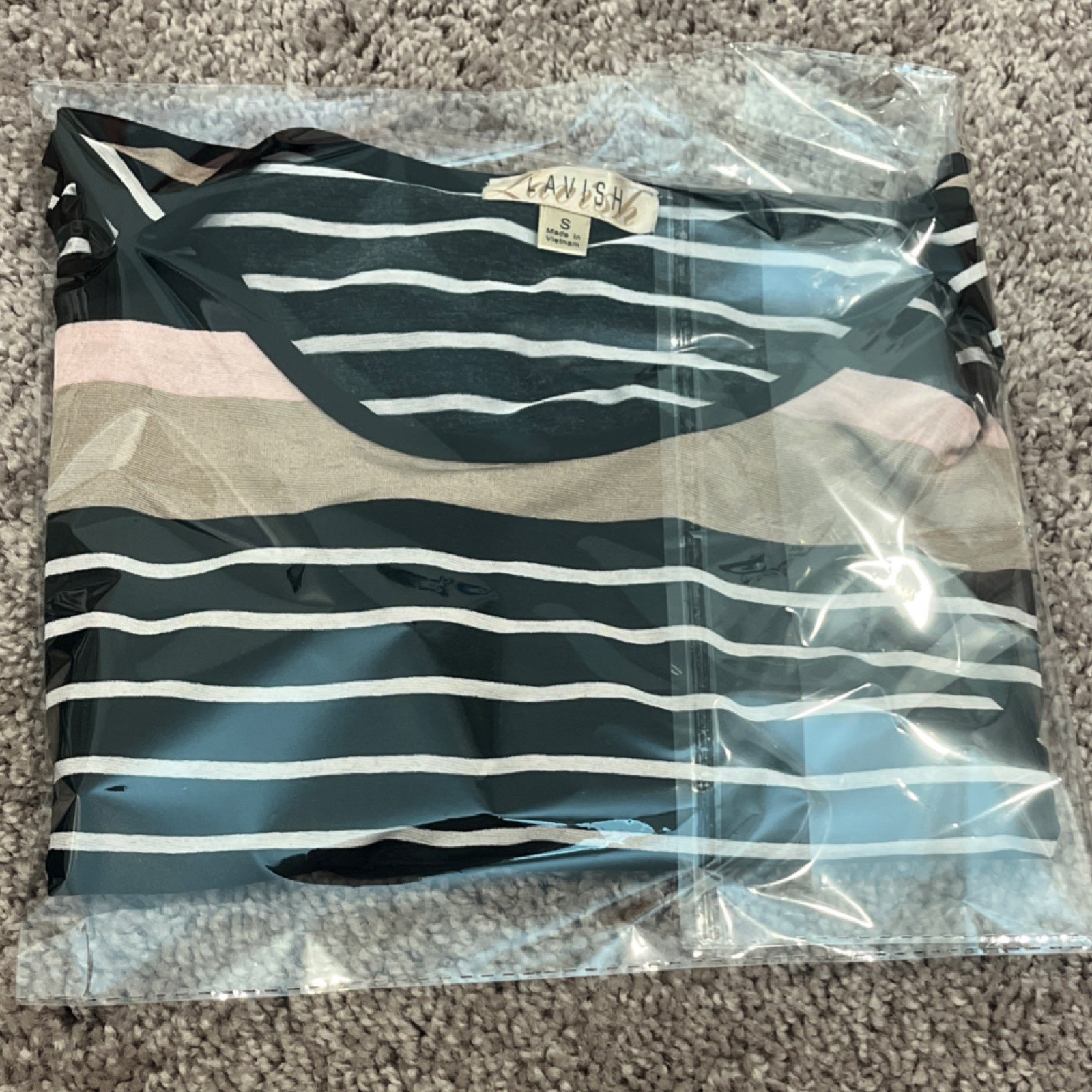 Lavish Women’s S Black White Beige Pink Striped Scoop Neck Cap Sleeve Top