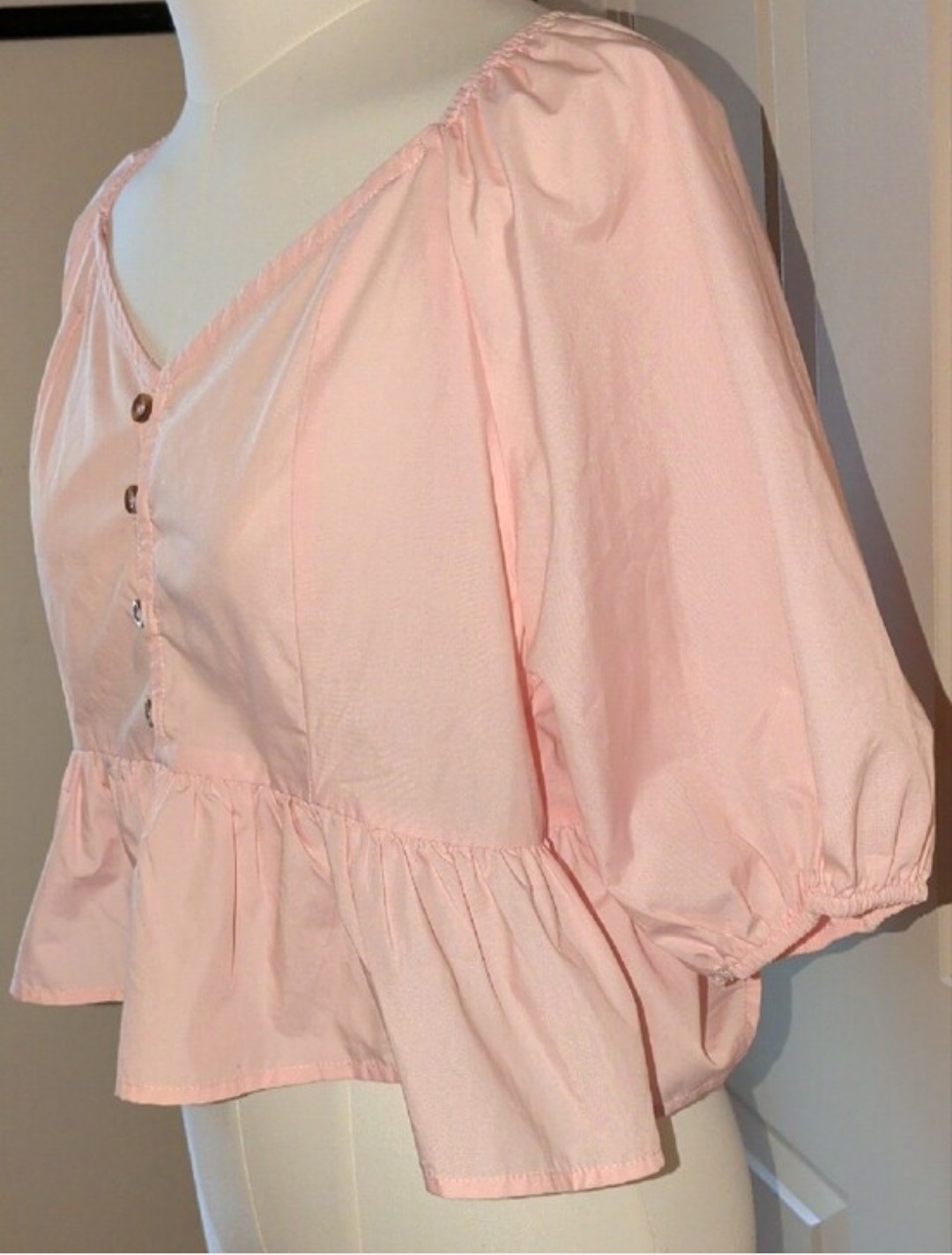 DAZY Women’s XL Pink Solid Square Neck Puff Sleeve Smocked Peplum Blouse