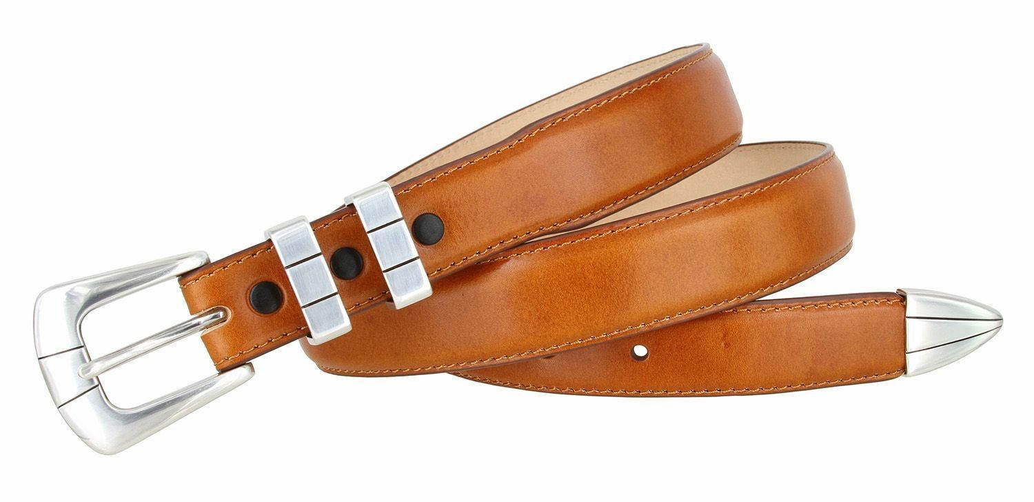 Nicolo Men’s Smooth Saddle Tan Leather Dress Belt with Silver Plated Buckle Set