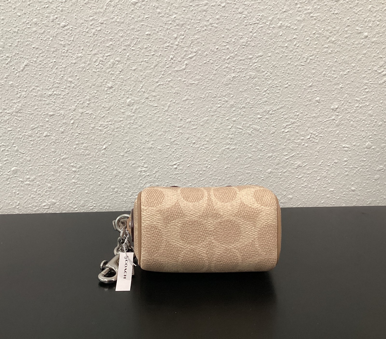 Coach Mini Rowan Bag Charm CX068 Sand Signature Canvas Leather 3.75″x2.5″x2.25″