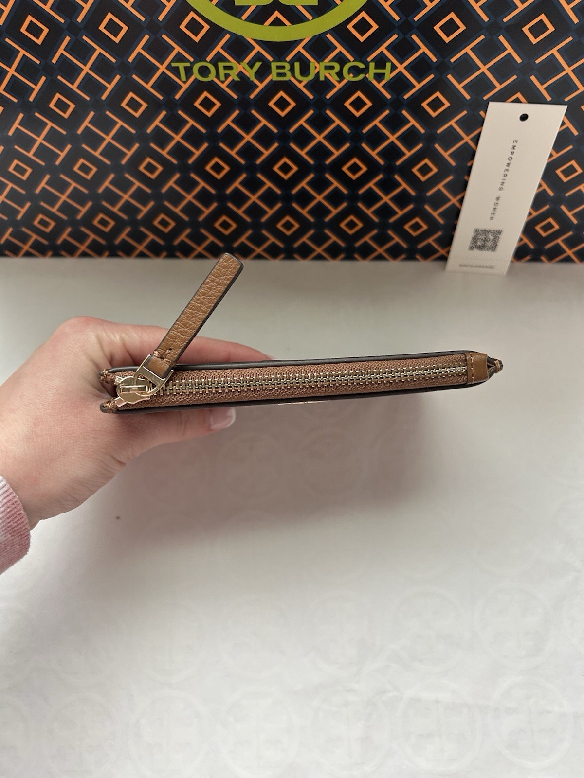 Tory Burch Britten Zip Card Case Card Wallet Moose Gold Tan Brown