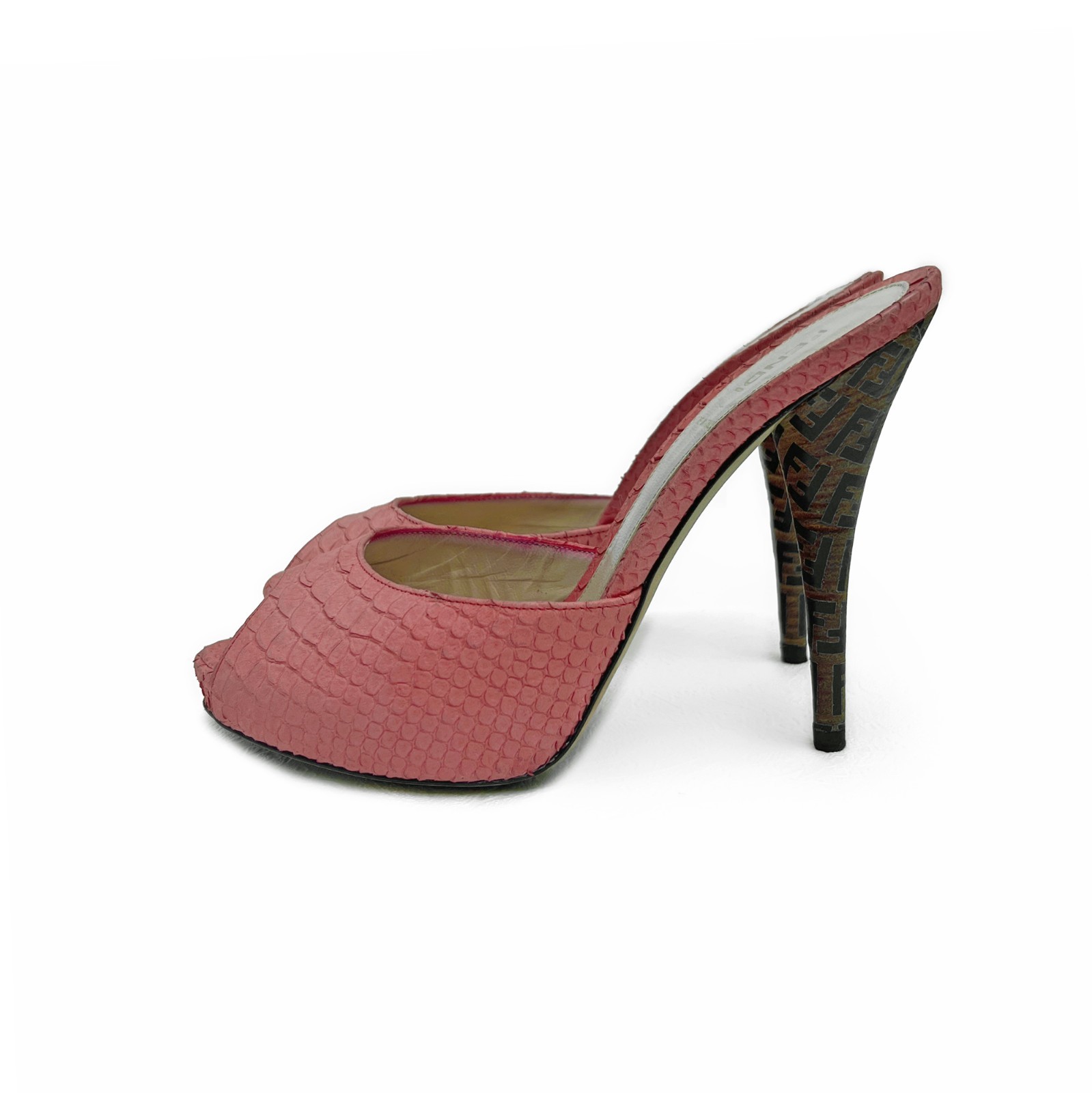 Fendi Zucca Print Heel Coral Pink Snakeskin Peep Toe Mules US: 8,5 / EUR: 38,5