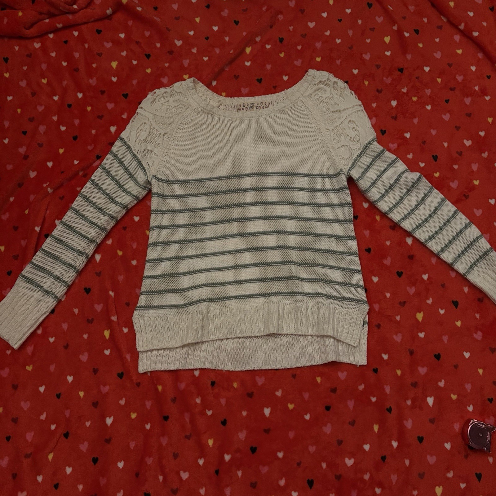 Pink Republic white and green striped sweater with lace detailing Girls Size XL