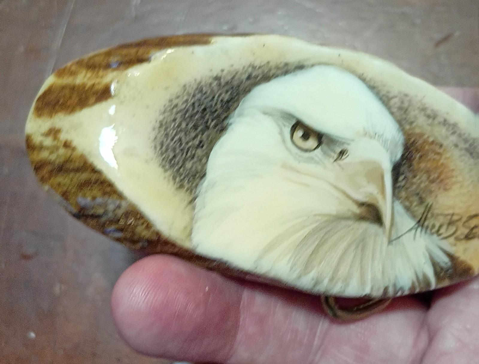 VINTAGE ANTLER BELT BUCKLE BALD EAGLE PAINTING USA ALICE B SEMICH NOS NICE!